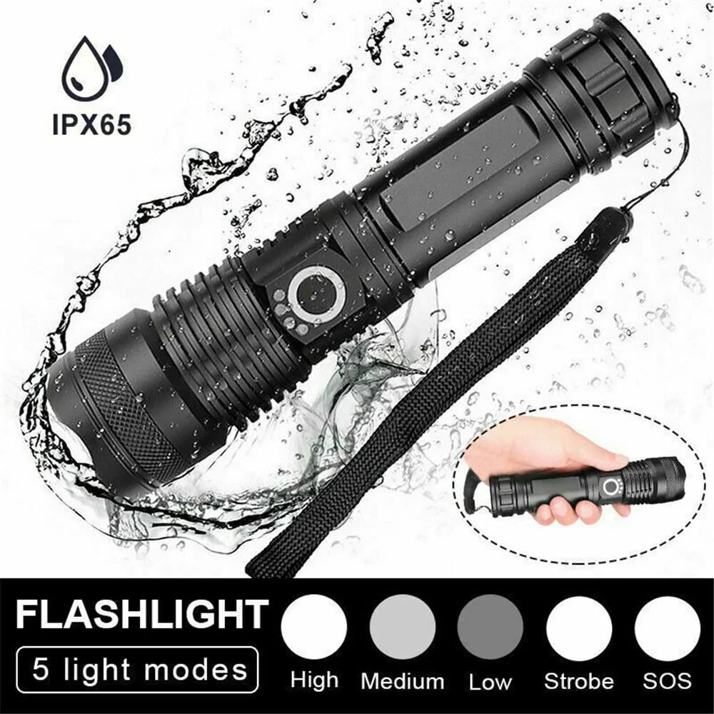 Powerful Flashlight, USB Rechargeable Waterproof XHP70 Searchlight Super Bright 5 Modes LED Flashlight Zoom Bar Torch for Hiking Hunting Camping Outdoor Sport (Battery Included)