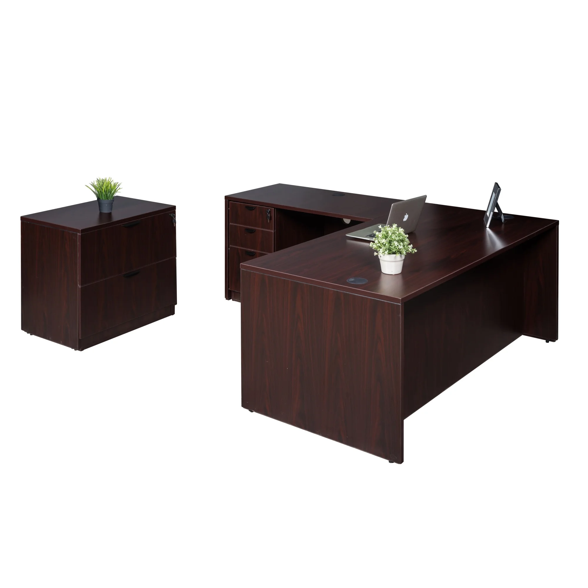 Boss Office Products 66 Inch Executive L-Shape Corner Desk with Box/Box/File Storage Pedestal and 2 Drawer Lateral File, Mahogany