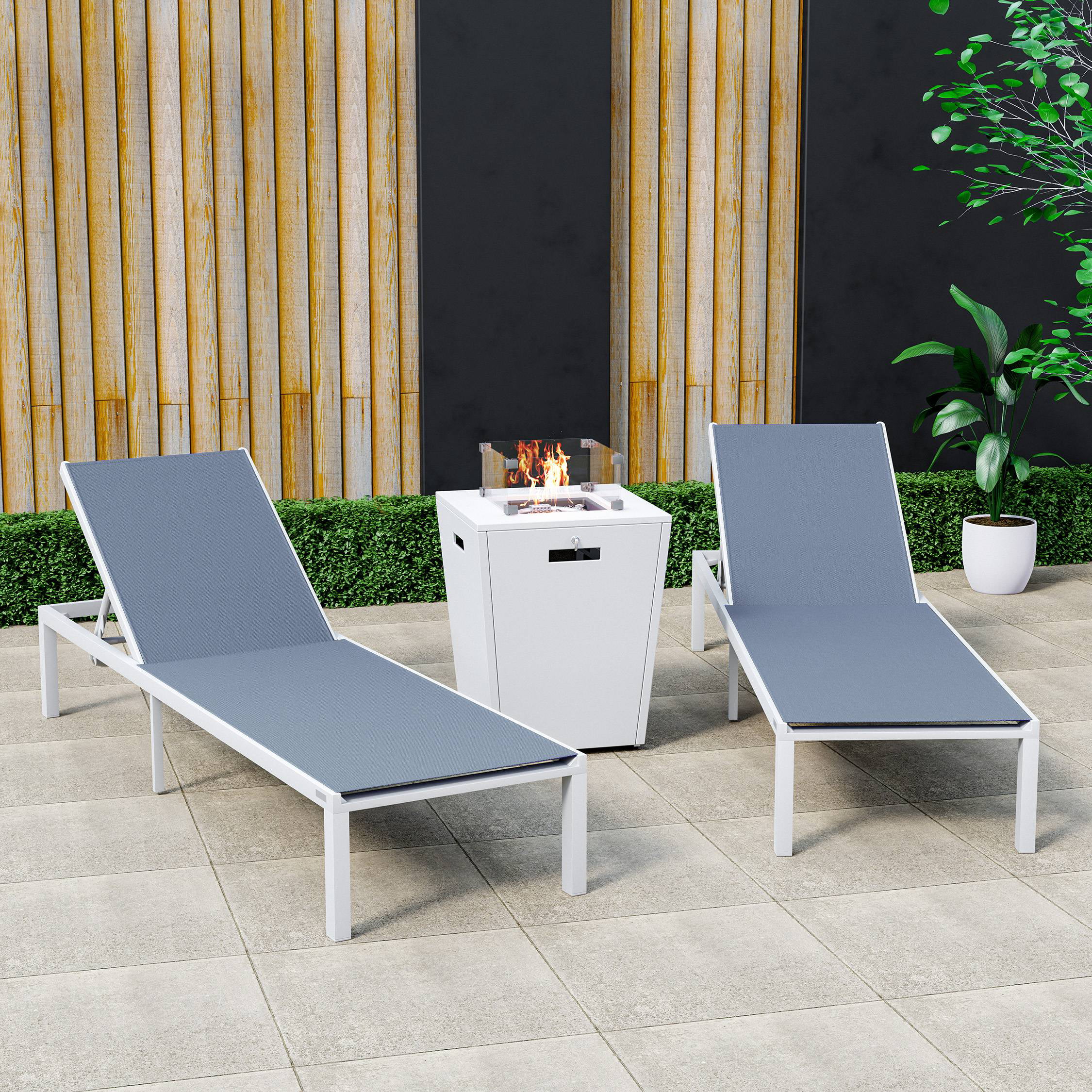 LeisureMod Marlin Modern White Aluminum Outdoor Patio Chaise Lounge Chair Set of 2 with Square Fire Pit Side Table Perfect for Patio, Lawn, and Garden (Dark Grey)