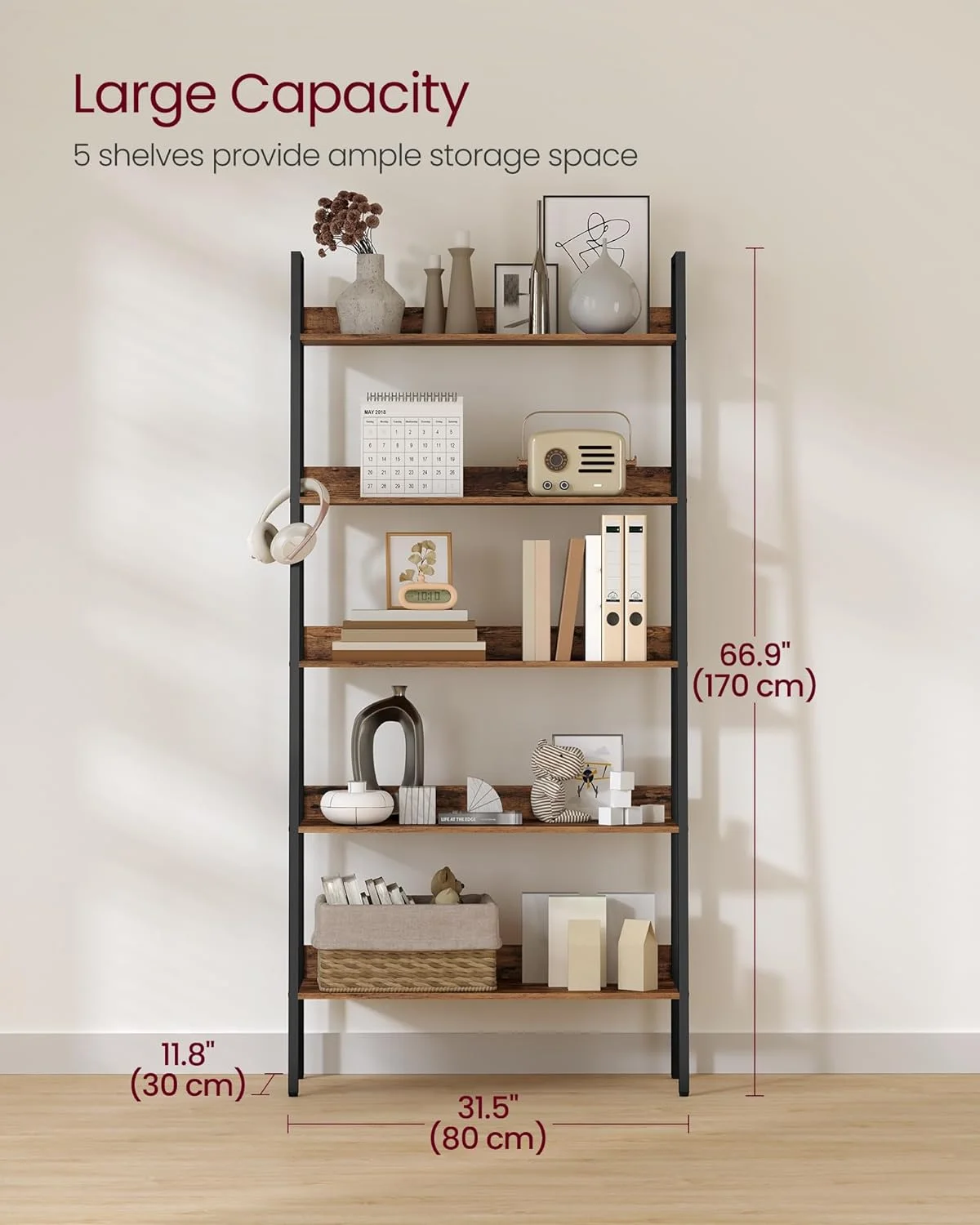 5-Tier Ladder Bookshelf: Rustic Brown & Ink Black, Home Office, Living Room, Bedroom