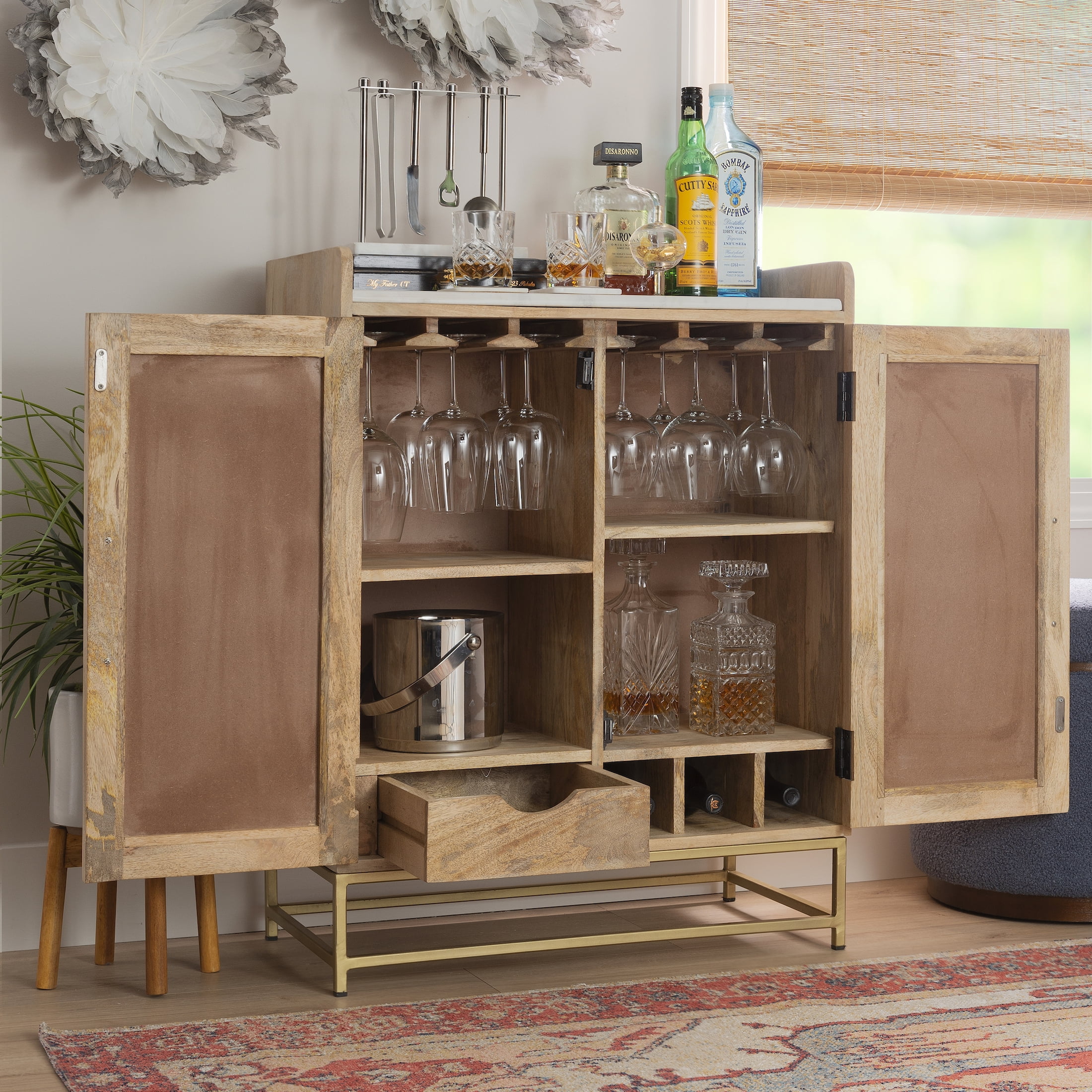 Blair Rattan Bar Cabinet, Natural with White Marble Top