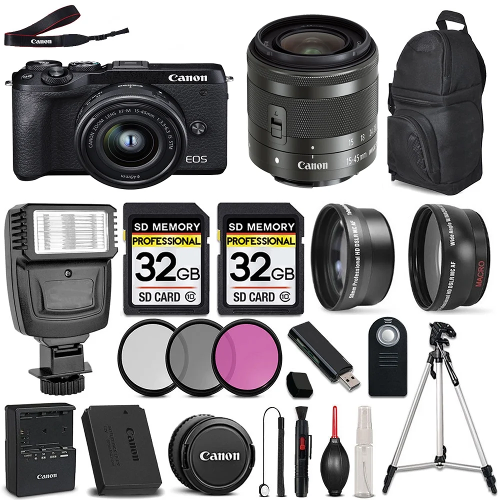 Canon EOS M6 II DSLR Camera + Canon EF-M 15-45mm f/3.5-5.6 IS STM Lens + 64GB Storage + 3PC FILTER KIT - All Original Accessories Included - International Version