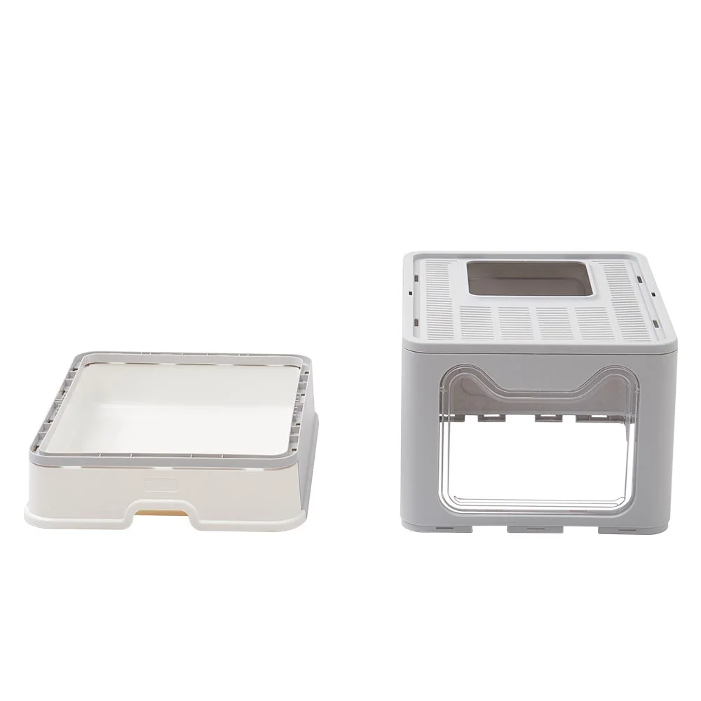 Nanyi Cat Litter Box with Lid Cover, Plastic Scoop, Front Entry Top Exit, Large Foldable Enclosed Cat Litter Tray, Easy Clean and Install (Gray)