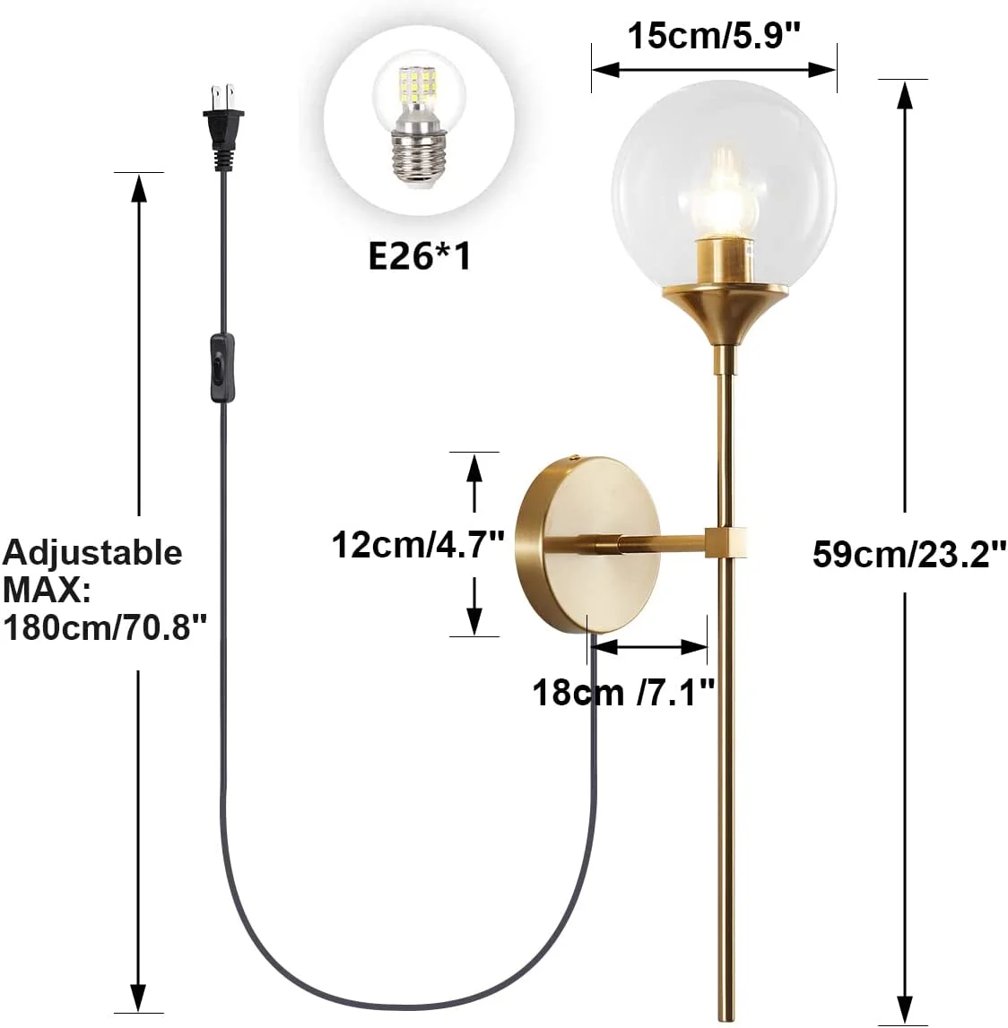 YANRUI Modern Long Globe Plug in Wall Sconce Lighting Set of 2 Mid Century Brass Gold Wall Sconce Light Plug in Set of Two Clear Glass Bathroom Bedroom Wall Lamp (Clear-Plug in)