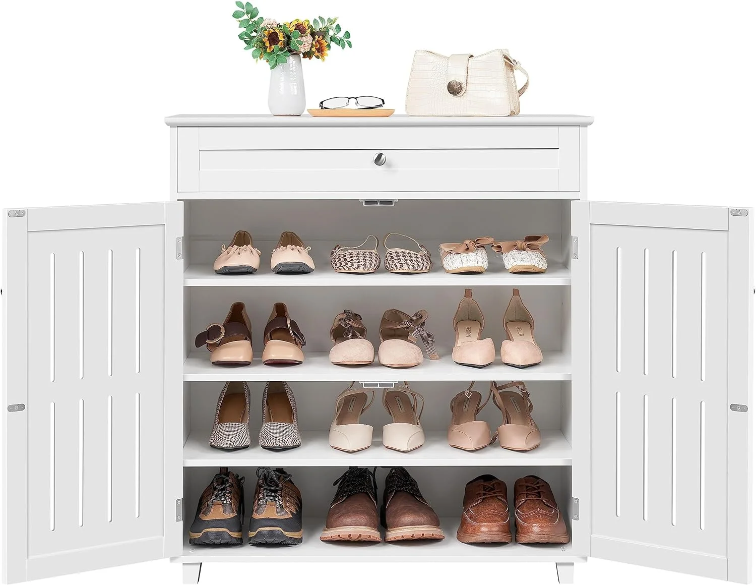 Shoe Cabinet, 4-Tier Shoe Storage Cabinet with Drawer & Adjustable Shelves, Wooden Shoe Rack Organizer with Louvered Doors for Entryway, Hallway, Bedroom, Closet, Living Room, White