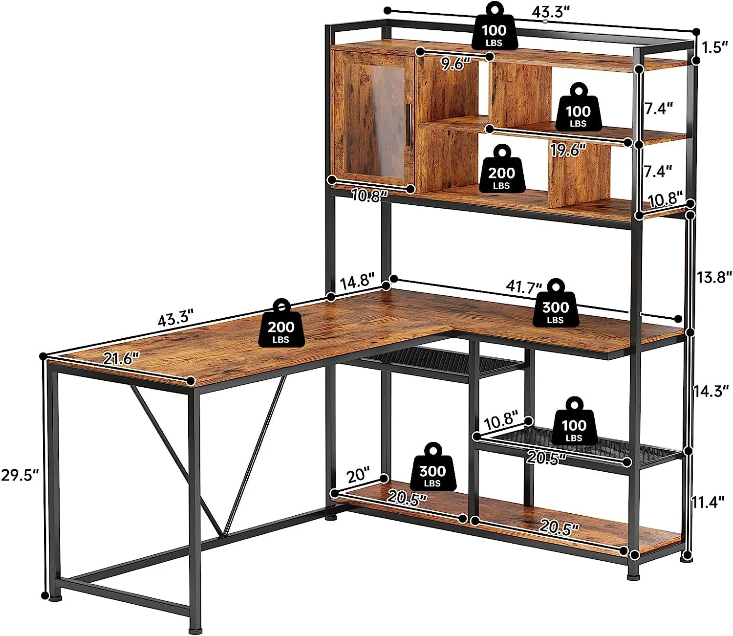 L-Shaped Desk with LED Lights & Hutch, Reversible Corner Computer Desk with Storage Shelves & Glass Cabinet, Writing Desk for Home Study, Rustic Brown