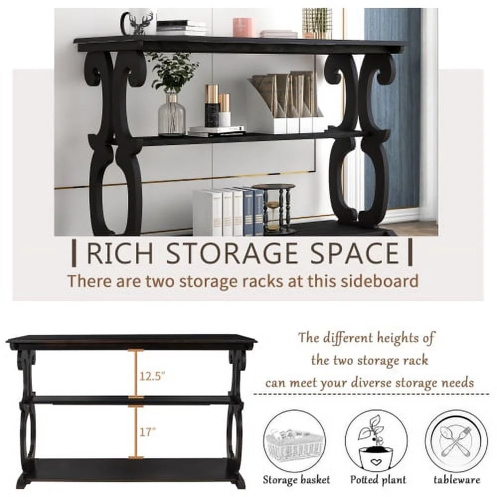 Wulawindy Console Table Sideboard for Entryway with 3-Tier Open Storage Shelf, Vintage Carved Design Livingroom (Navy Blue)