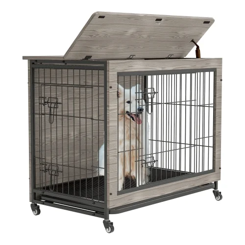 Dog Crate Furniture , 38'' Heavy Duty Wooden Dog Kennel with Double Doors & Flip-Top for Large Dogs, Furniture Style Dog Crate End Table with Wheels, Grey 38.3