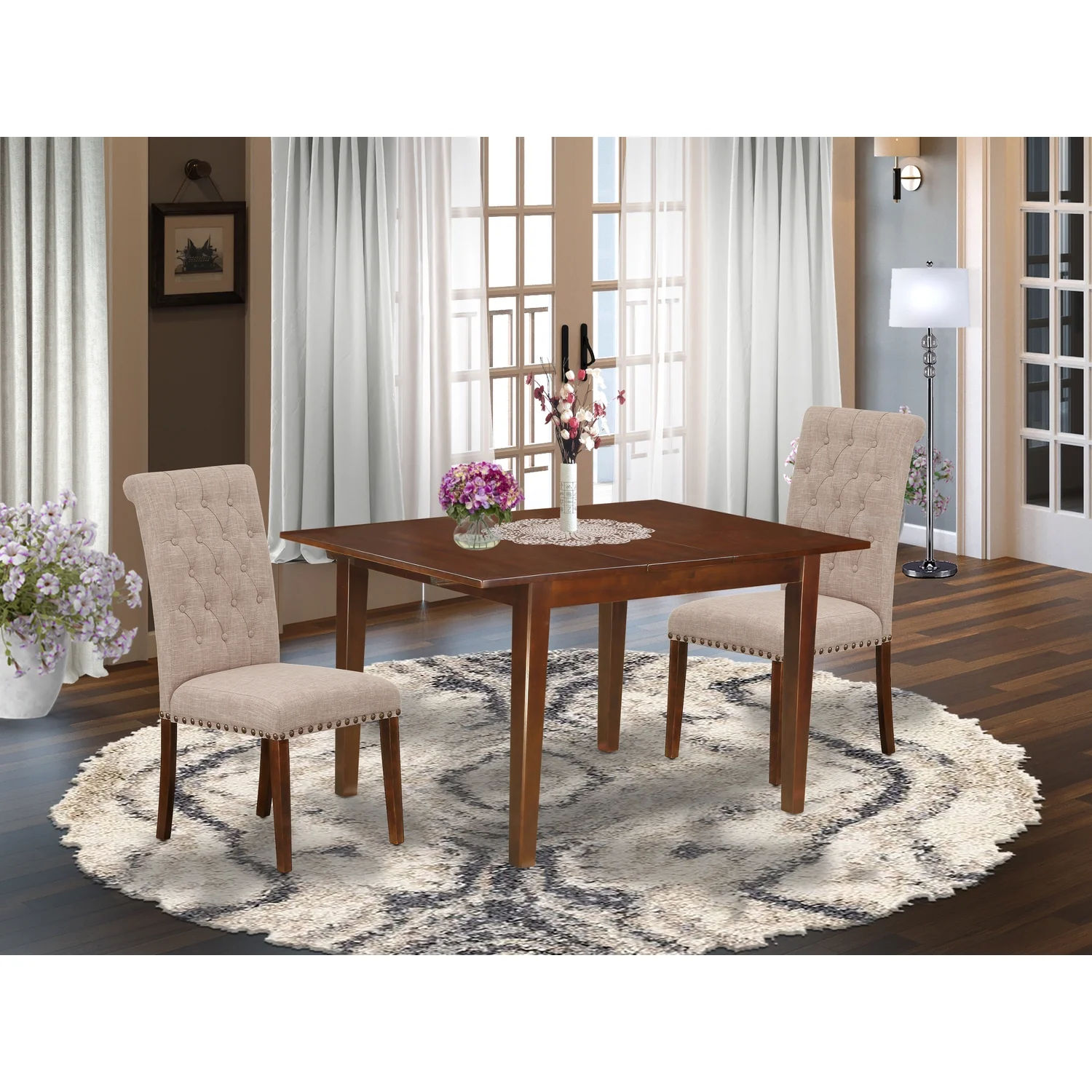 HomeStock Retro Revival 3Pc Dinette Set Includes A Rectangular Kitchen Table With Butterfly Leaf And Two Parson Chairs With Light Fawn Fabric, Mahogany Finish