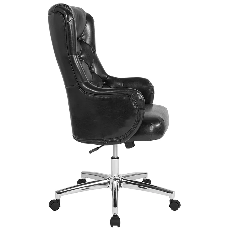 Diamond Patterned Button Tufted High Back Office Chair in Black LeatherSoft