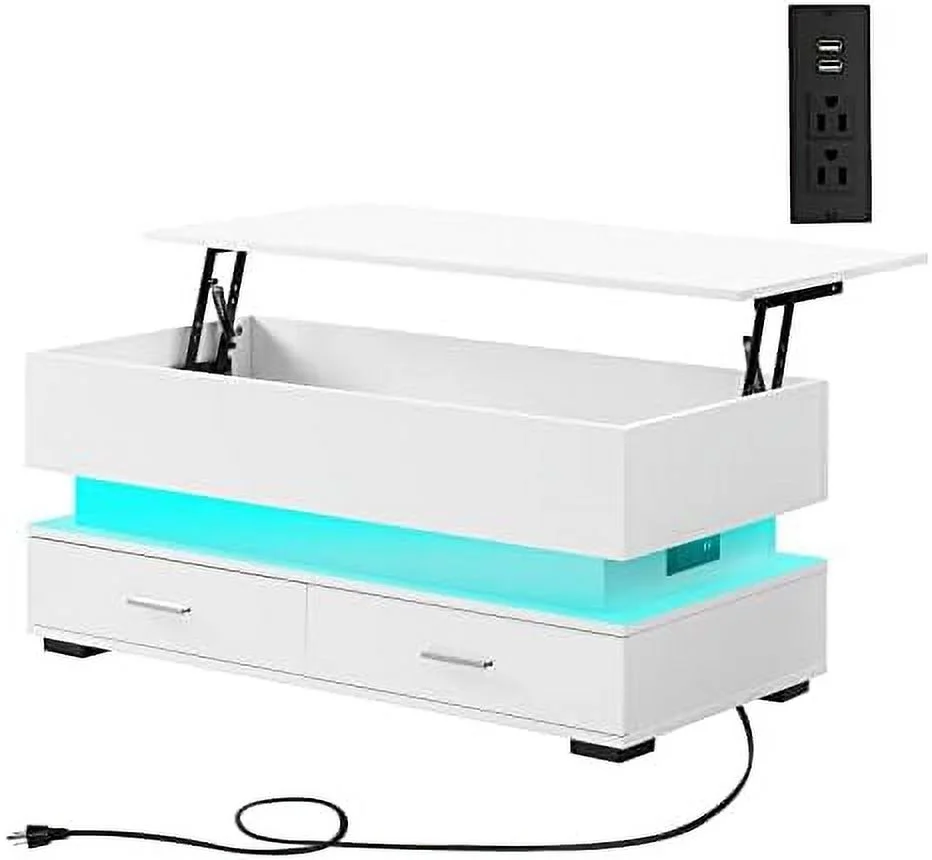 JDZHAPPYLIFE LED Coffee Table  Smart Coffee Table with Charging Station  Lift Top  21 Colors Change  2 Tiers Modern Tea Table with   Living Room   Rectangle Design  White