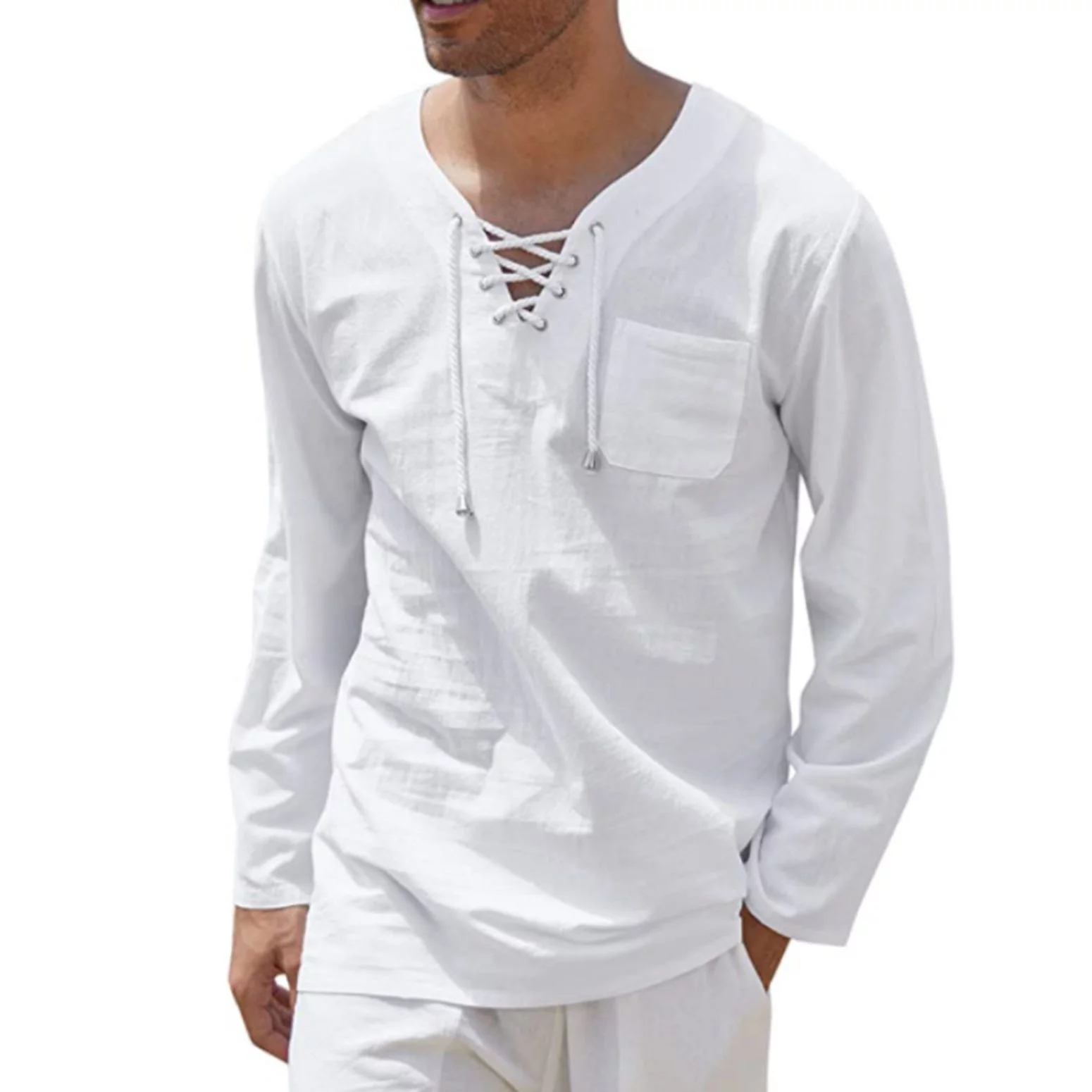 Jinda Men's Lace Up Shirt V Neck T Shirt Cotton Tops Long Sleeve Viking Hippie Lightweight Beach Soft Tshirt Tees White Medium