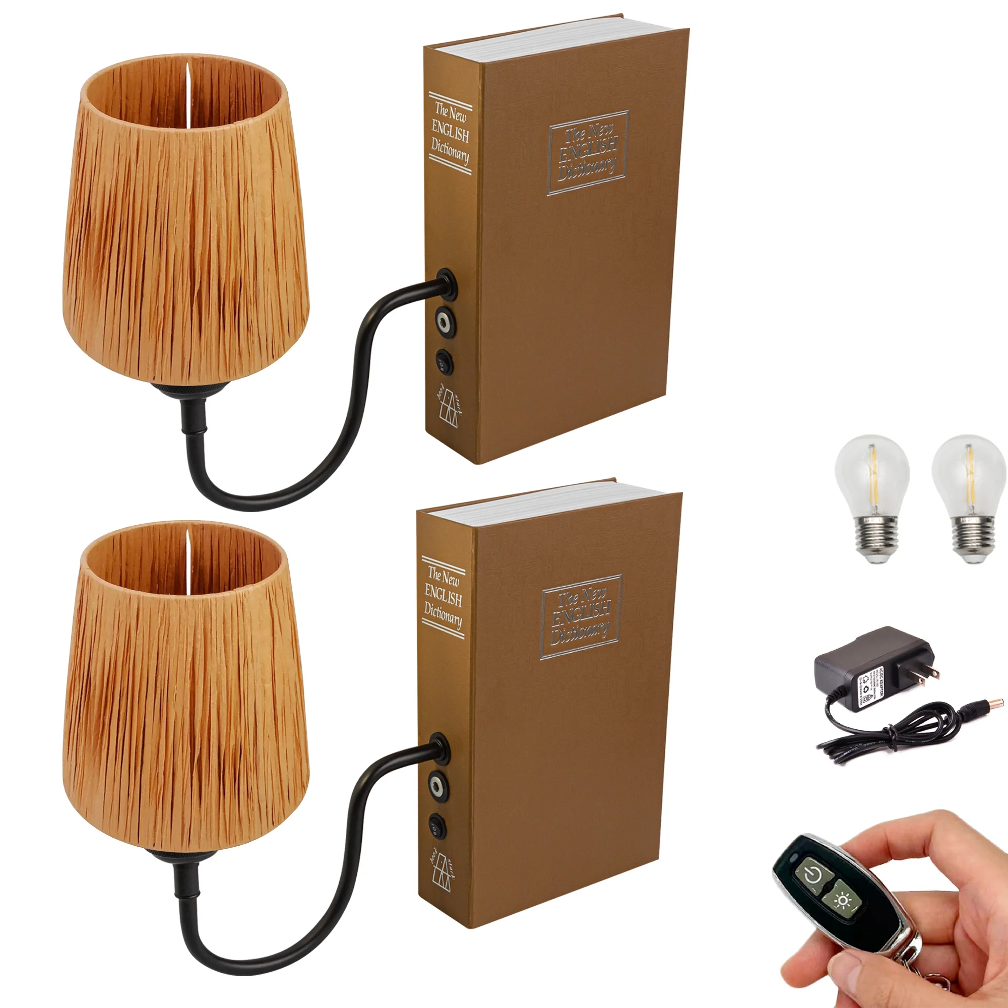 Kiven Cordless Table Lamp, Set of 2 Rechargeable Bookshelf Lamp with Raffia Lampshade, Farmhouse Decorative Bookend, Cordless Lamp for Bedside Bookshelf Office Home Decor