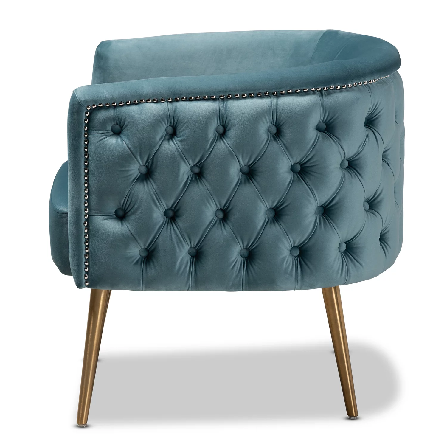 Baxton Studio Marcelle Glam and Luxe Light Blue Velvet Fabric Upholstered Brushed Gold Finished Accent Chair