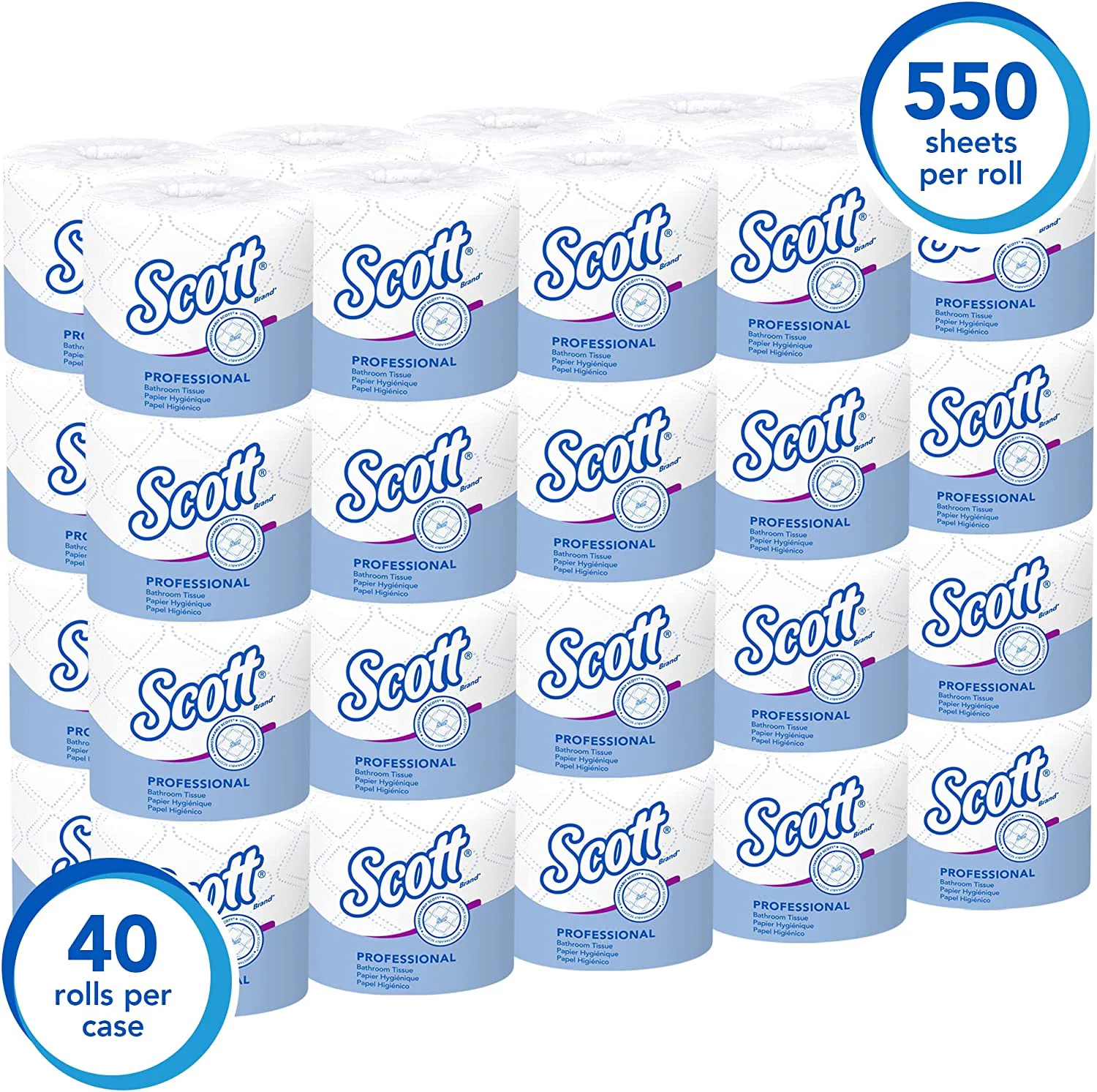 Essential Professional Bulk Toilet Paper for Business (48040), Individually Wrapped Standard Rolls, 2-PLY, White, 40 Rolls / Case, 550 Sheets / Roll