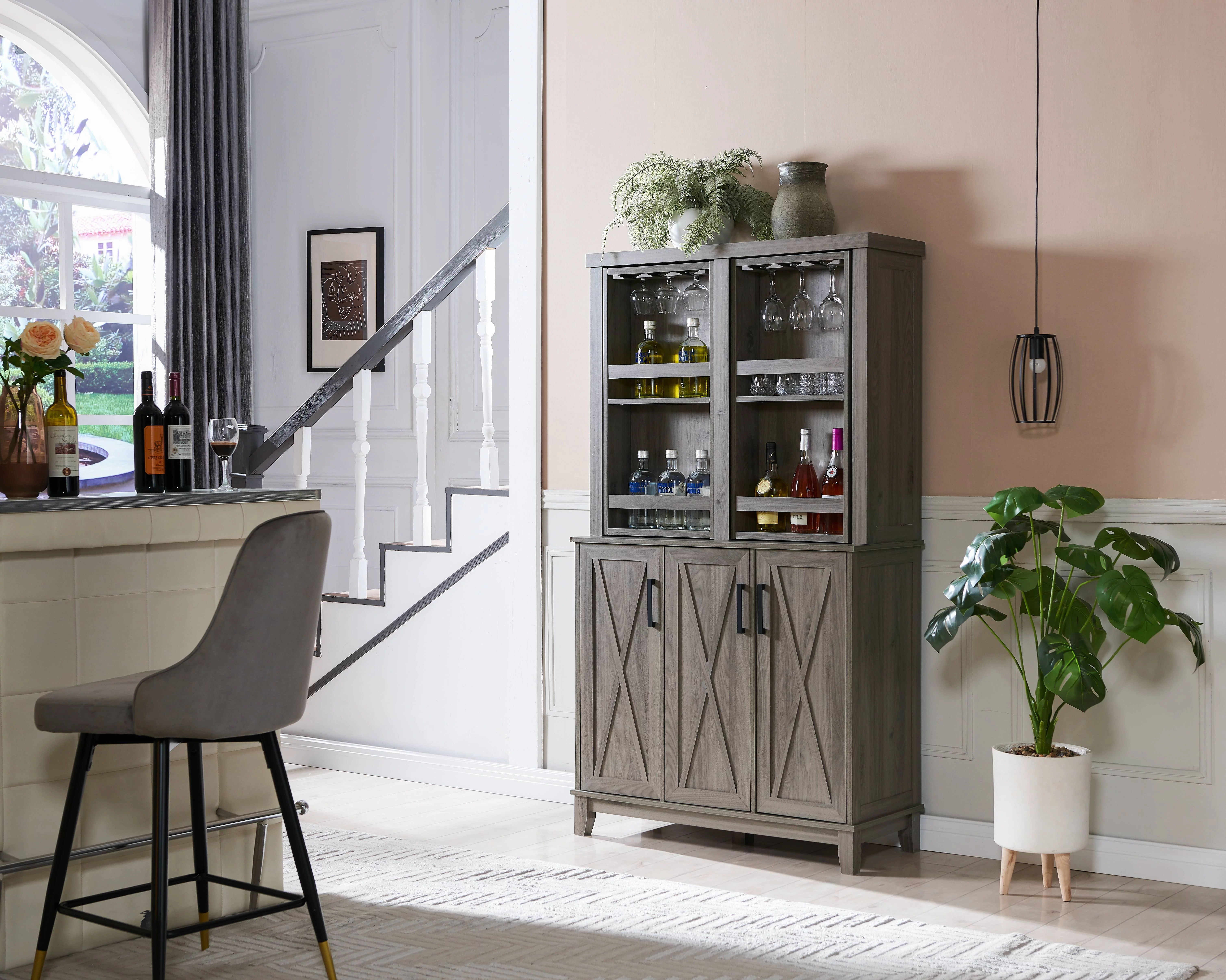 Home Source Bar Cabinet Rotating Wine Rack Grey