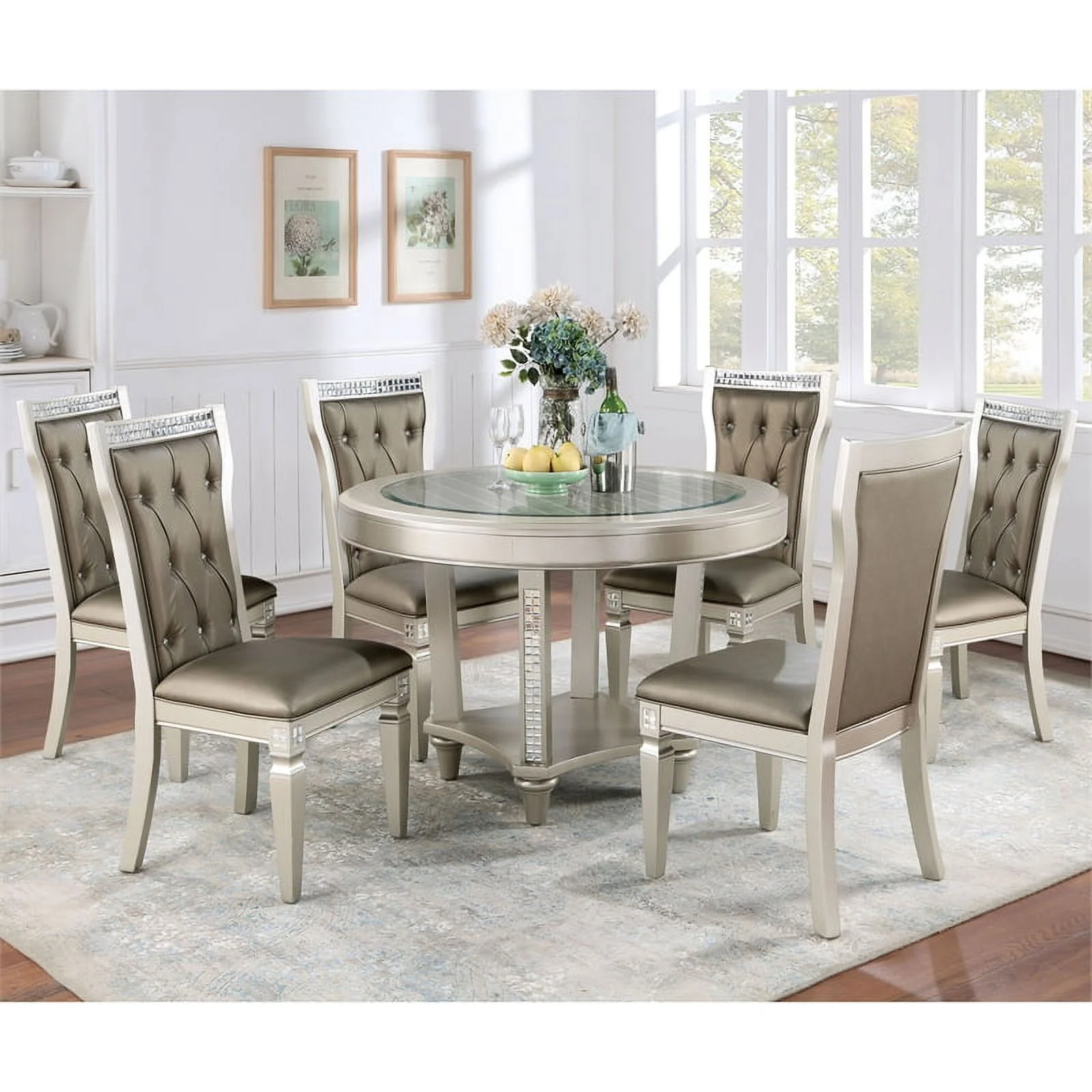 Furniture of America Melaj Wood 7pc Round Dining Table Set in Champagne Gold