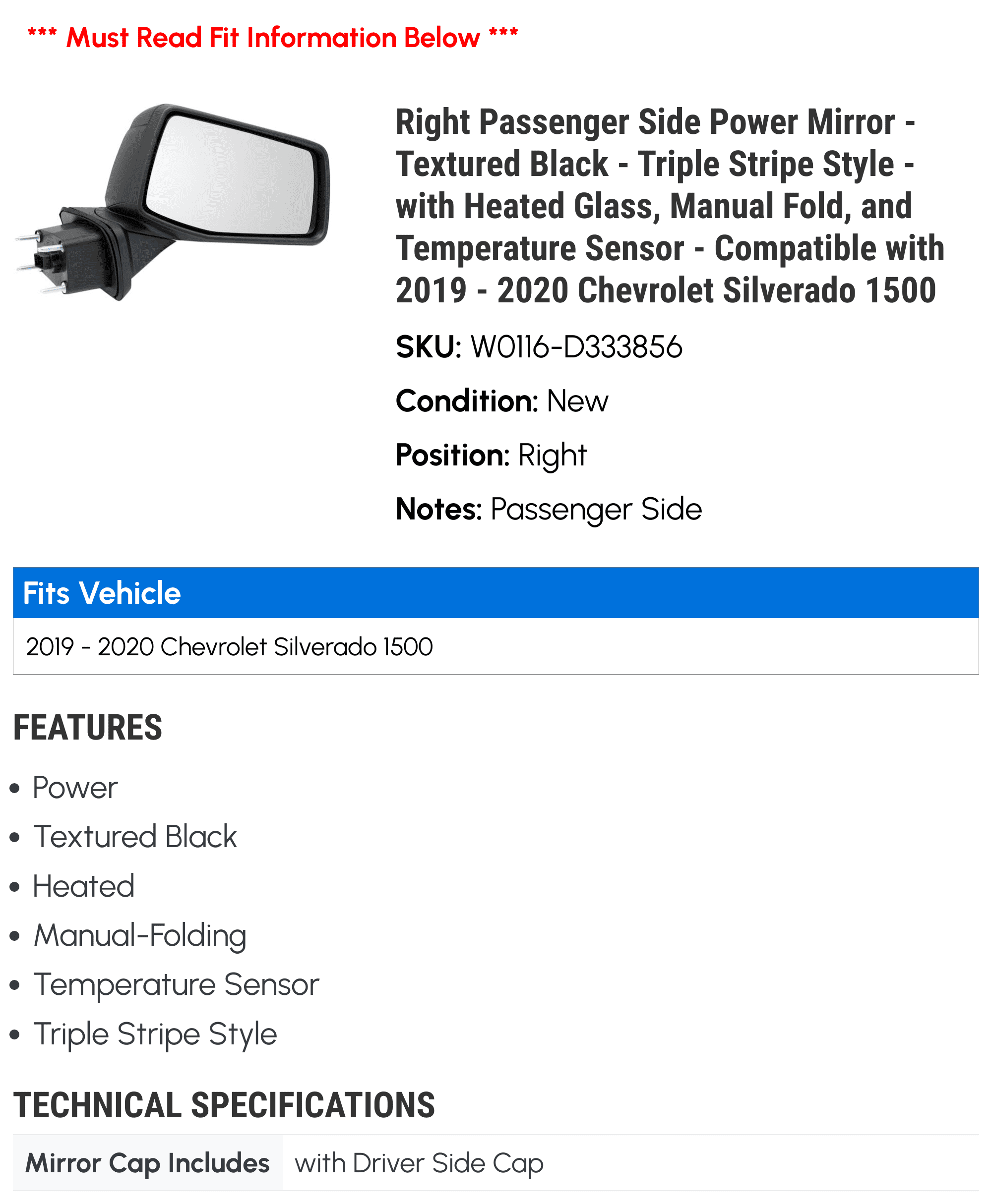 Right Passenger Side Power Mirror - Textured Black - Triple Stripe Style - with Heated Glass, Manual Fold, and Temperature Sensor - Compatible with 2019 - 2020 Chevy Silverado 1500
