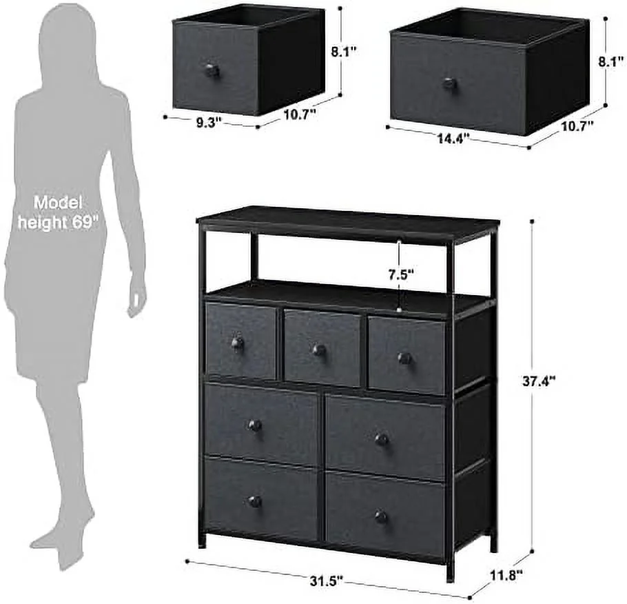 GVJMTKP TV Stand Dresser for Bedroom with   Black Dresser for Bedroom with 2 Shelves and Metal Frame  Tall Dressers for Bedroom  Closets  Dressers & Chest of Drawers  Black Grey