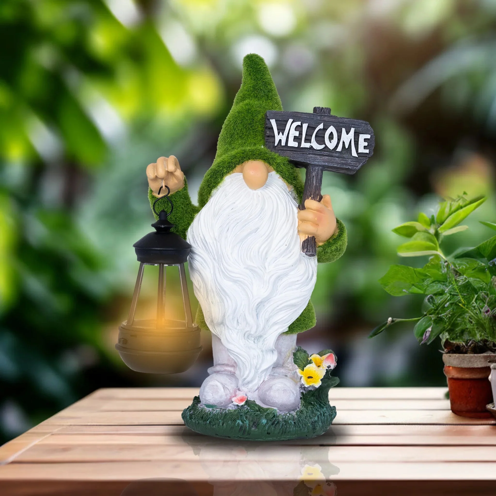 Welcome Gnome with Solar Powered Garden Lamp, Green White, Polyresin Lawn Gnome Statue, Patio Statue 13 inch 33 cm