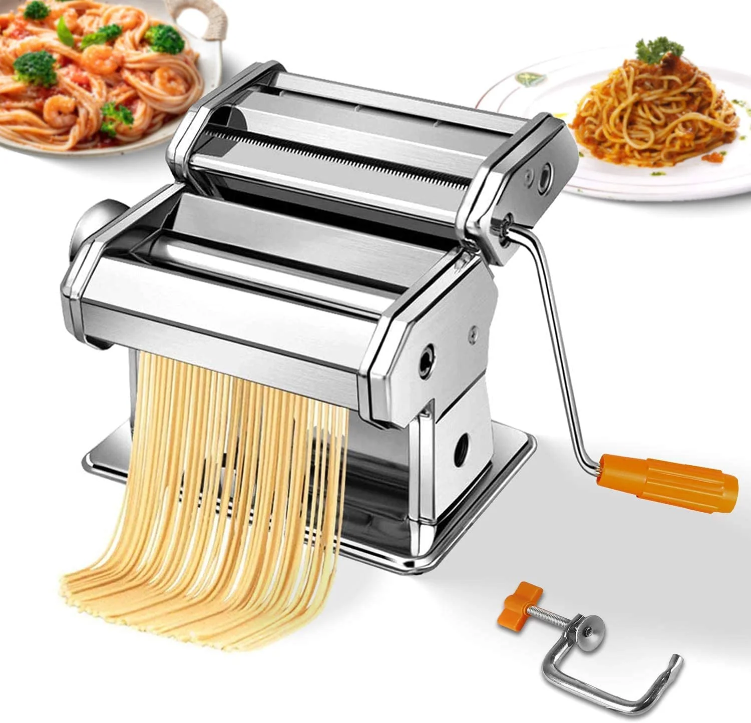Hand Crank Pasta Machine, Stainless Steel Roller Pasta CutterDough Noodle Maker, Adjustable Thickness Machine for Spaghetti, Fettuccini, Lasagna, Ravioli or Dumpling (Stainless Steel)