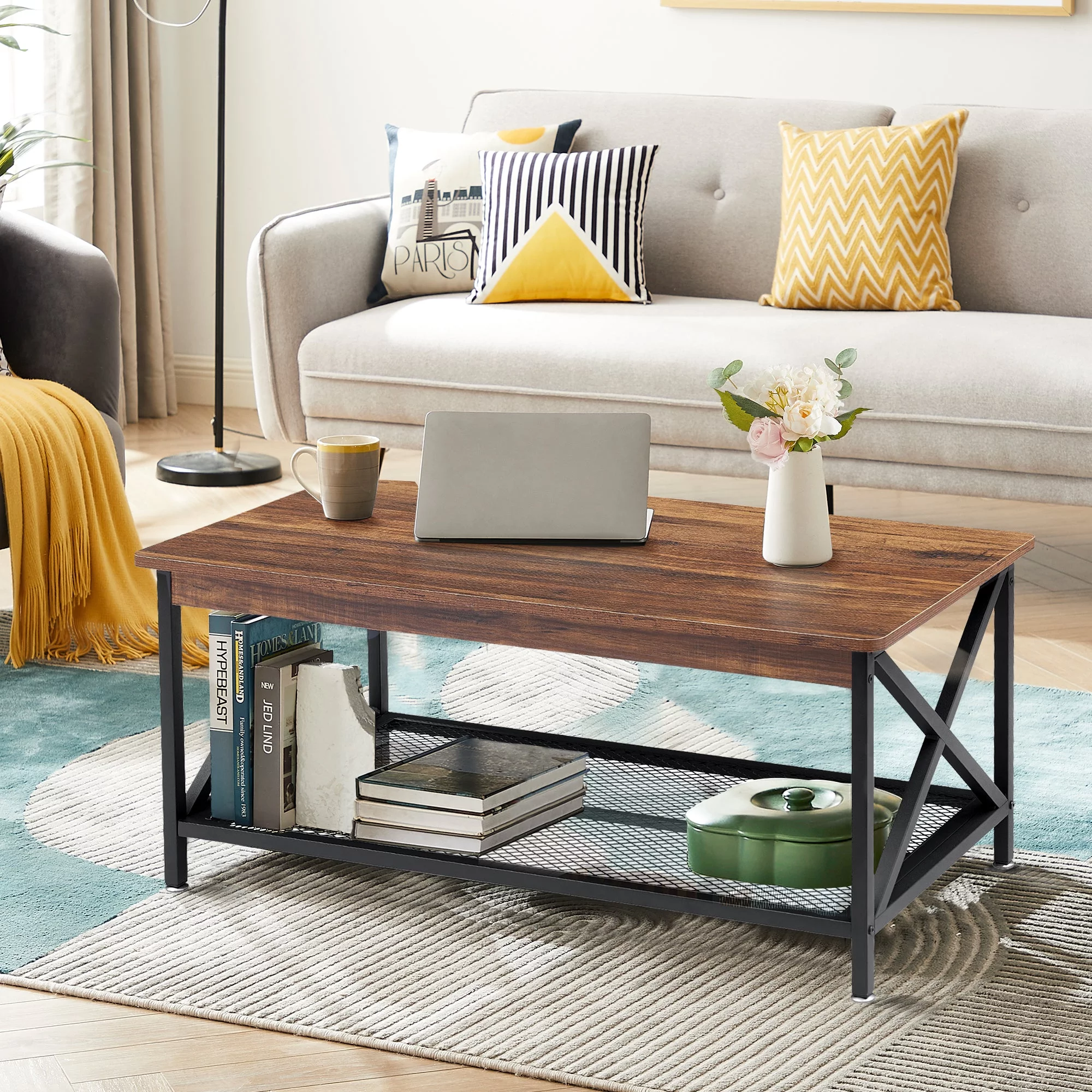 VECELO 3-Piece Coffee Table Set for Living Room, X-Design Coffee Table and 1-Drawer End Side Tables, Brown