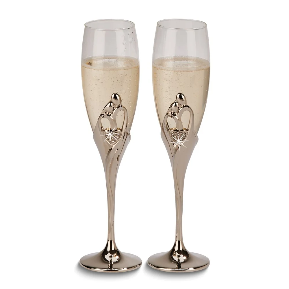 Pair Nickel-plated Embrace with Crystal Heart Toasting Flutes QGM18667
