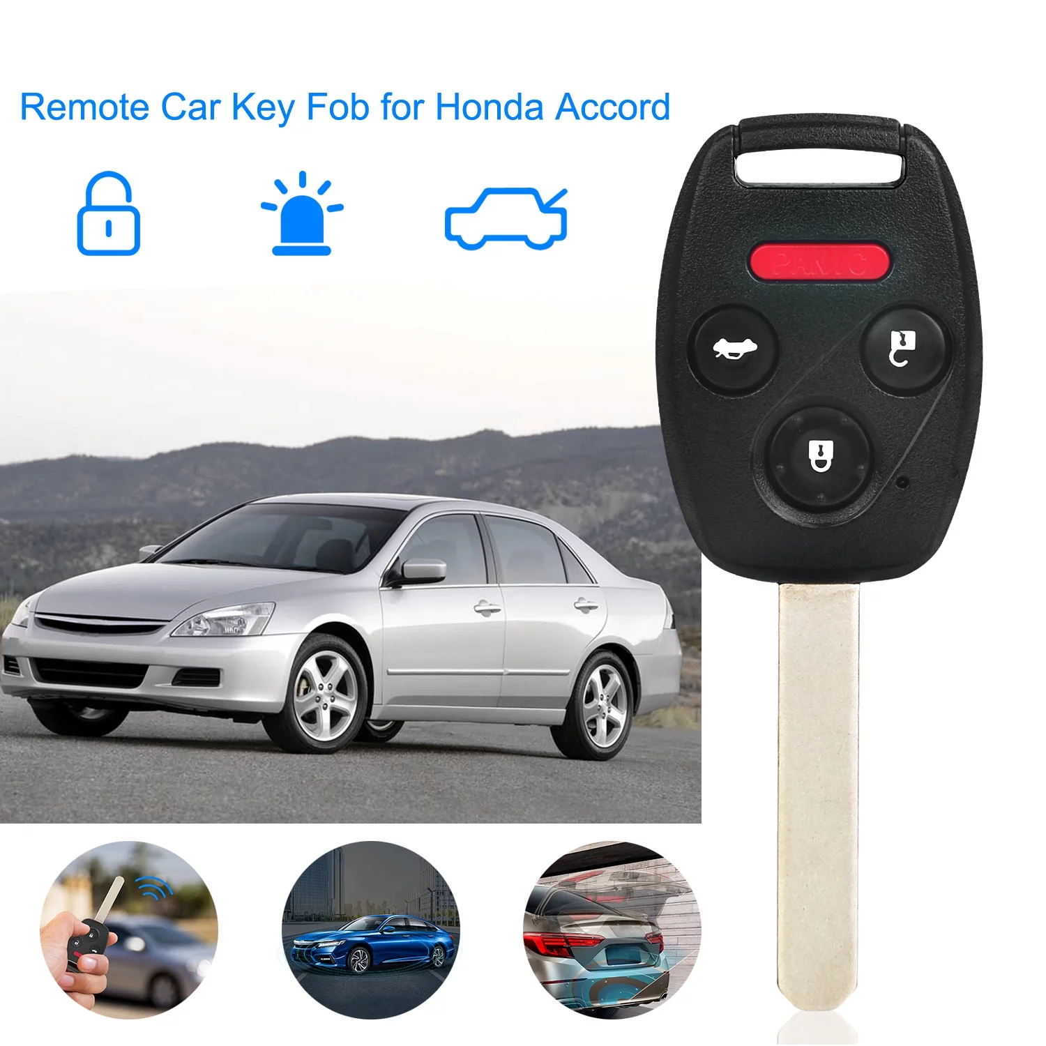 iMounTEK 3 Plus 1 Remote Control Car Key Key Fob Case Shell Chip Alarm System for Honda Accord 2003-2007 oucg8d-380h-a