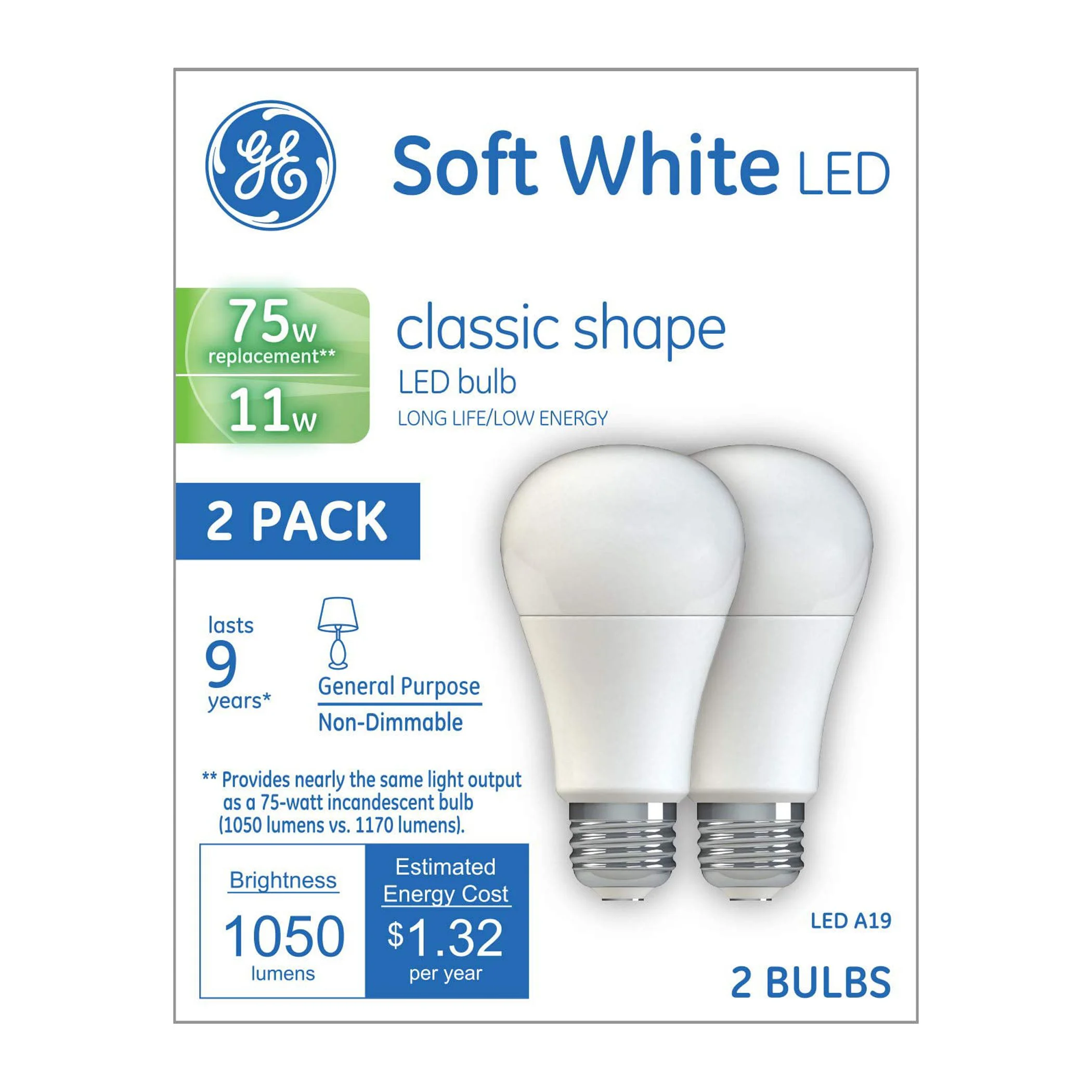 GE Lighting 21004 General Purpose Classic Shape A19 Daylight LED 11 (75-Watt Replacement), 1050-Lumen Medium Base, 2-Pack, Frosted White, 2 Count