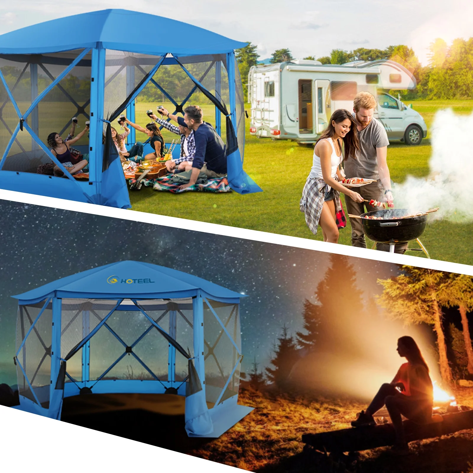 Hoteel 12x12 Pop Up Gazebo Propped-up Canopy Camping Tent with Mosquito Nettings, Waterproof, UV 50+ Resistant, Hub Tent Instant Screened Canopy with Mesh Windows, Carry Bag & Ground Stakes, Blue