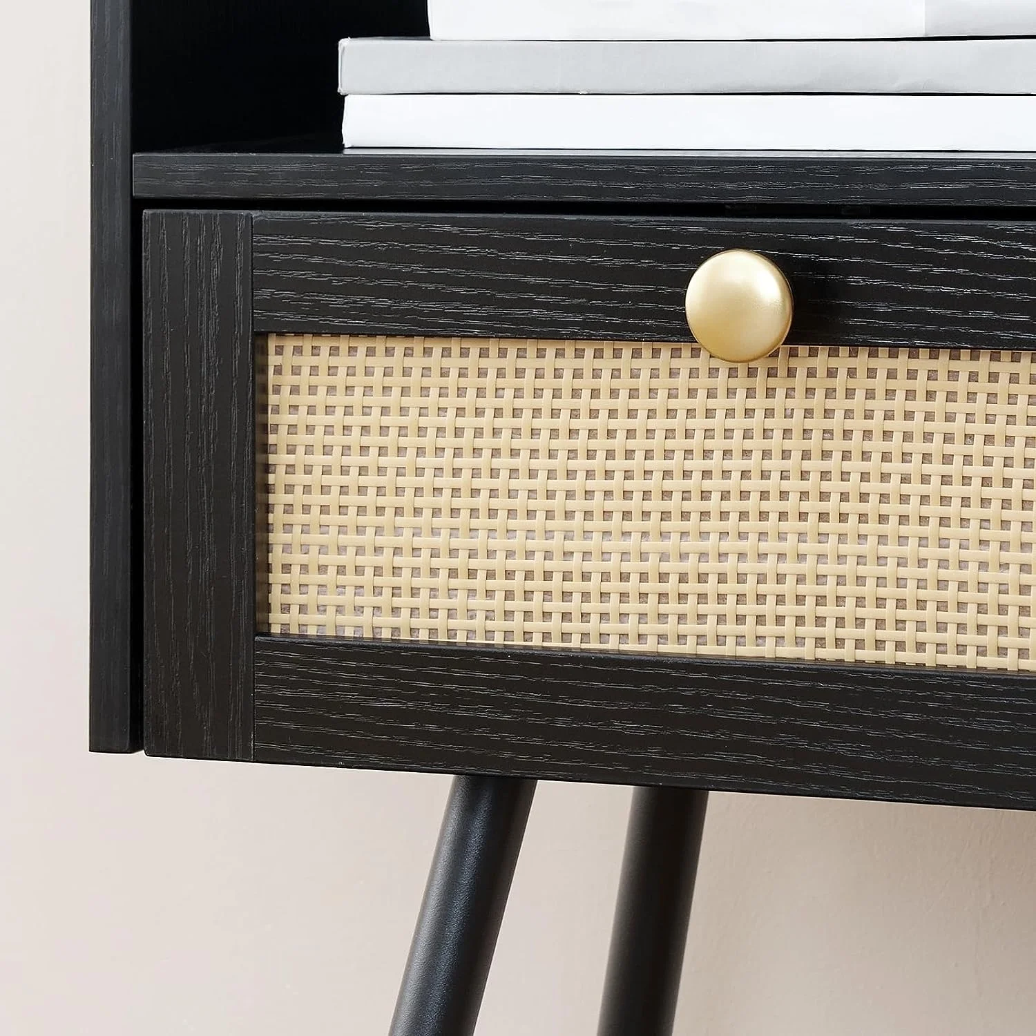 HOOBRO Set of 2 Nightstand Modern End Table Flip-Down Drawer Rattan Bedroom Office Study Room Black BB92UBZP201