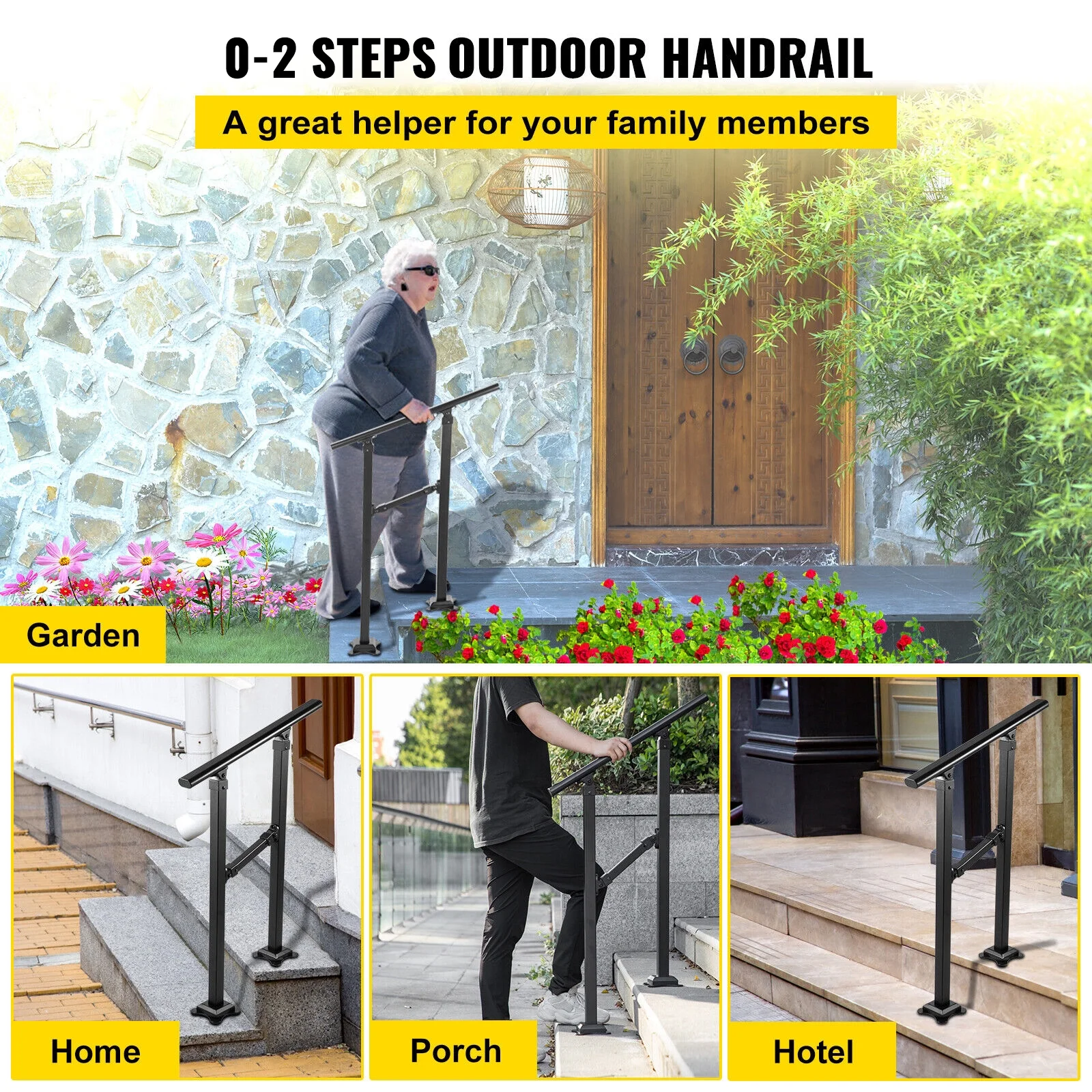 SKYSHALO wrought iron handrail for 1 outdoor stair handrail, adjustable front porch handrail, black transitional handrail for concrete steps or wooden stairs, with mounting kit