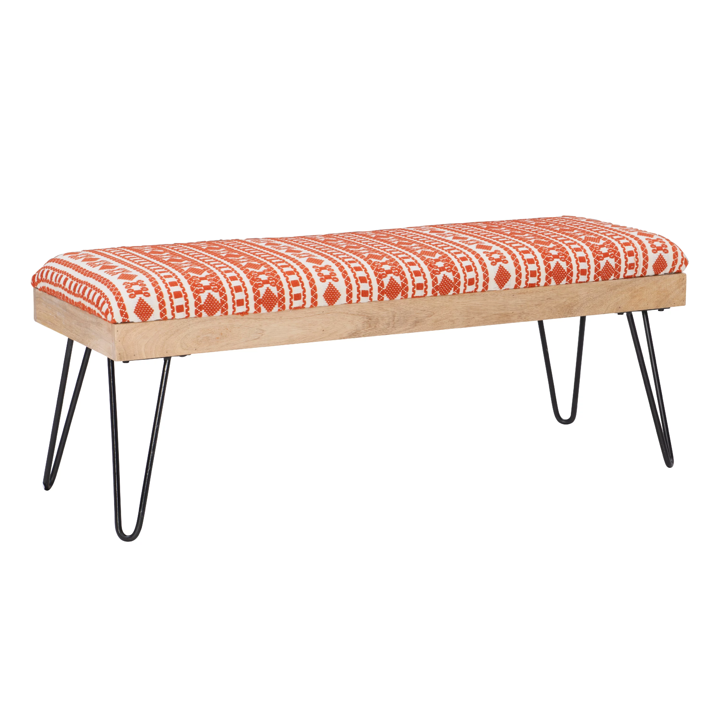 Newley Upholstered Bench, Black Hairpin Legs with Terra Cotta and Natural Stripe Fabric