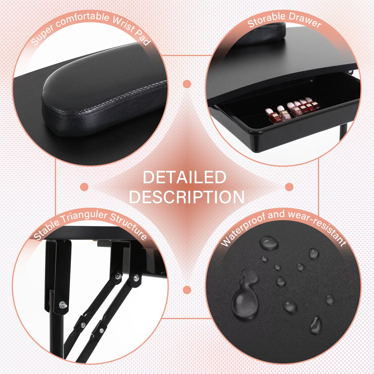 YRLLENSDAN Portable Manicure Table with Drawers, Folding Nail Desk Table for Nail Tech with Lockable Wheels Wrist Pad Manicure Table for Salon Home Spa Beauty