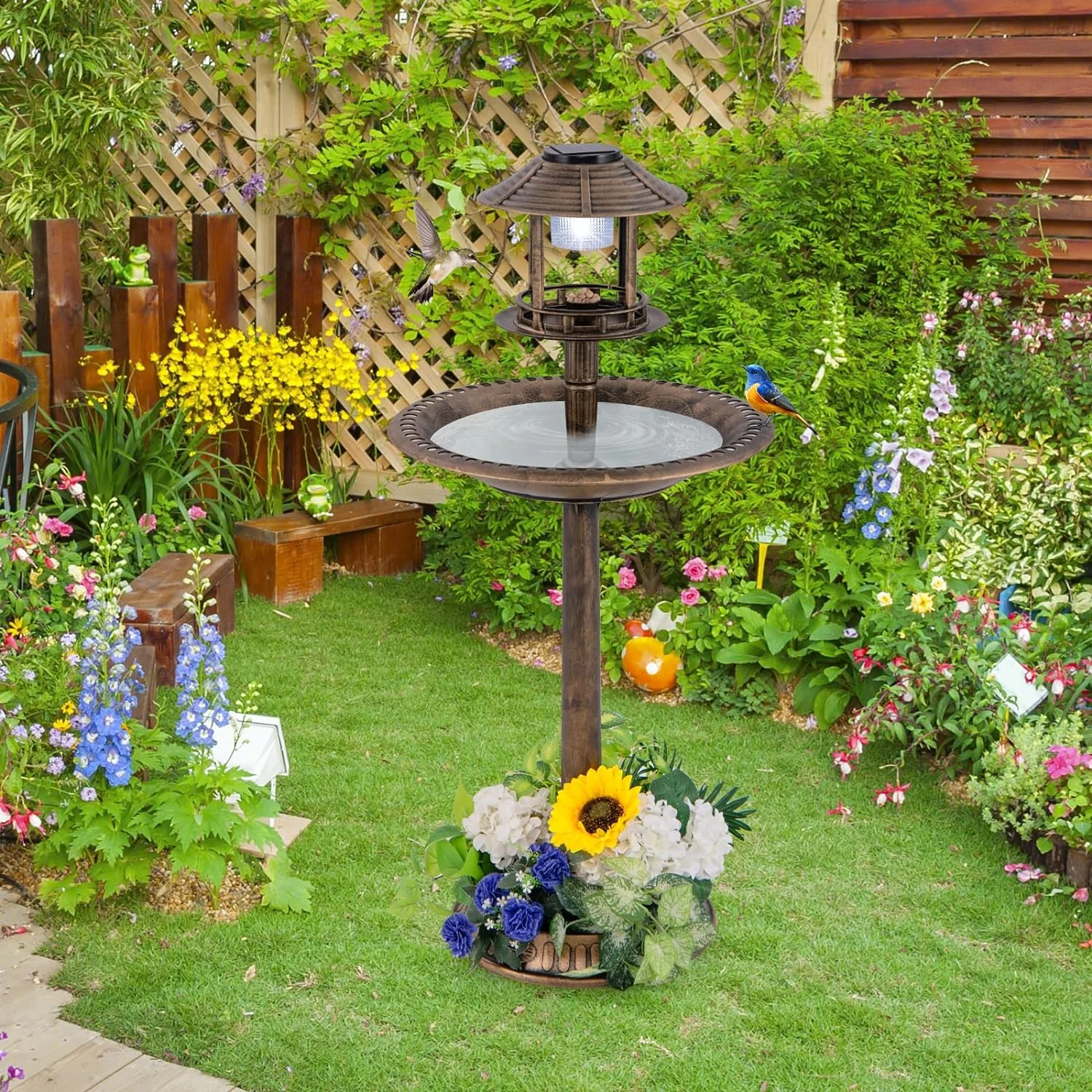 42 inch Bird Bath Solar Lighted, Pedestal Bird Bath with Bird Feeder, Flower Planter Base, Solar Powered Lamp, 3 Ground Stakes, Standing Birdbath for Outside Garden Yard Outdoor (Bronze)