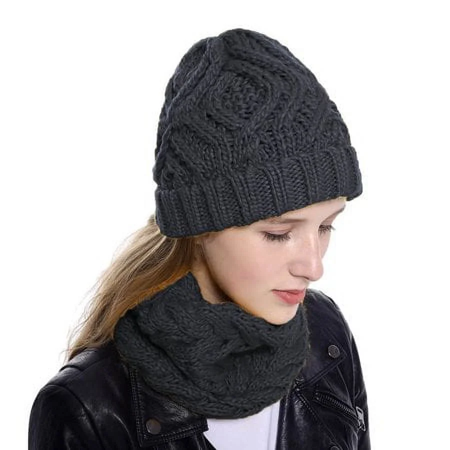 Viworld Women Winter Beanie Hat Scarf Set Thick Knitted Skull Cap Hats with Neck Warmer Set