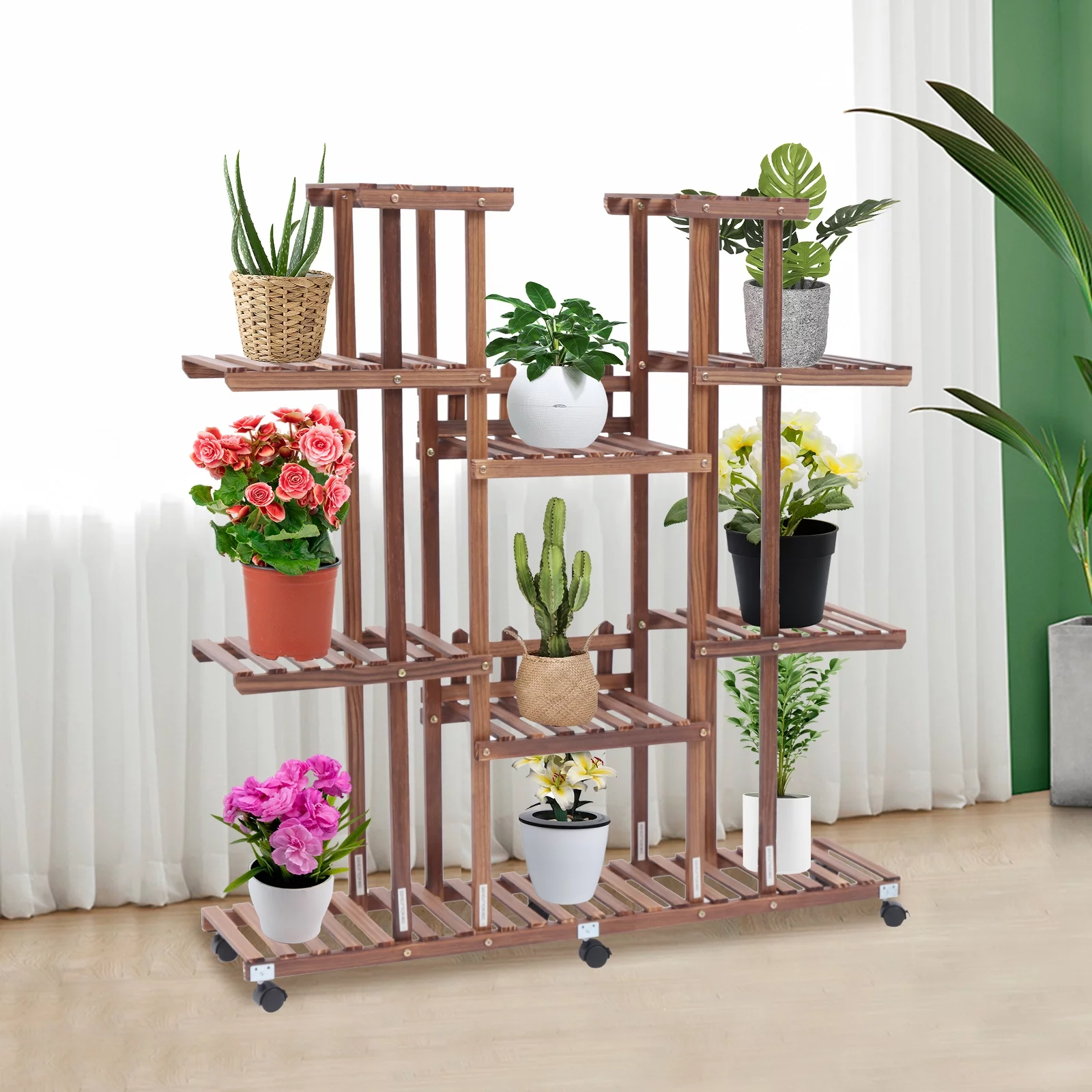 Loyalheartdy Movable Plant Stand, 9 Tier 17 Potted Wooden Flower Holder Rolling Tiered Plant Rack Display Shelf w/Detachable Wheel