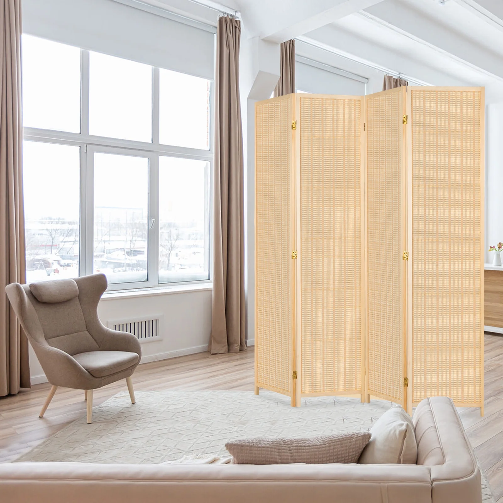 4-Panel Room Dividers，6 ft Office Partition Walls Bamboo Divider Folding Portable Privacy Screen，Room Dividers and Folding Privacy Screens Wall Divider for Living Room，Beige