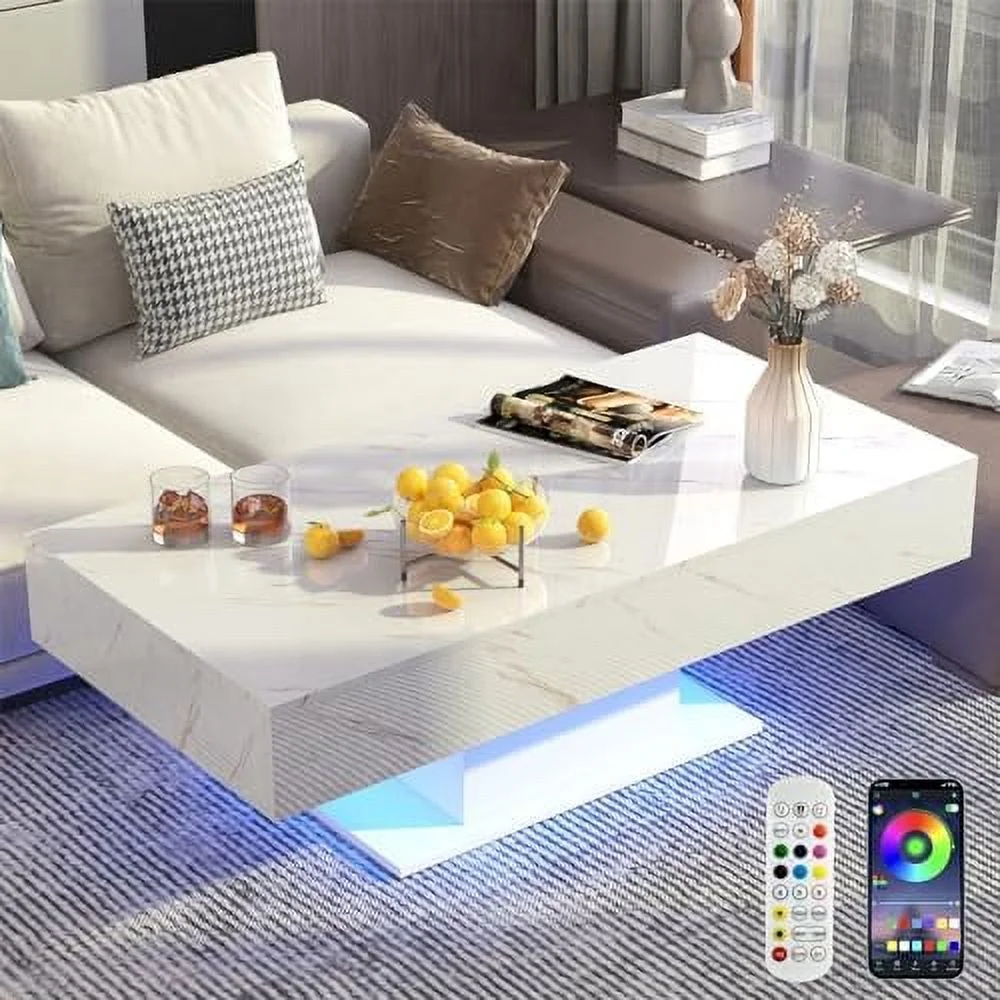 CHTYVC for Living Room 43" Large Center Table with 2  Sliding Drawer & Bluetooth Control LED  Smart Game Tea Table for Home Office  Modern High Glossy Coffee Table(White)