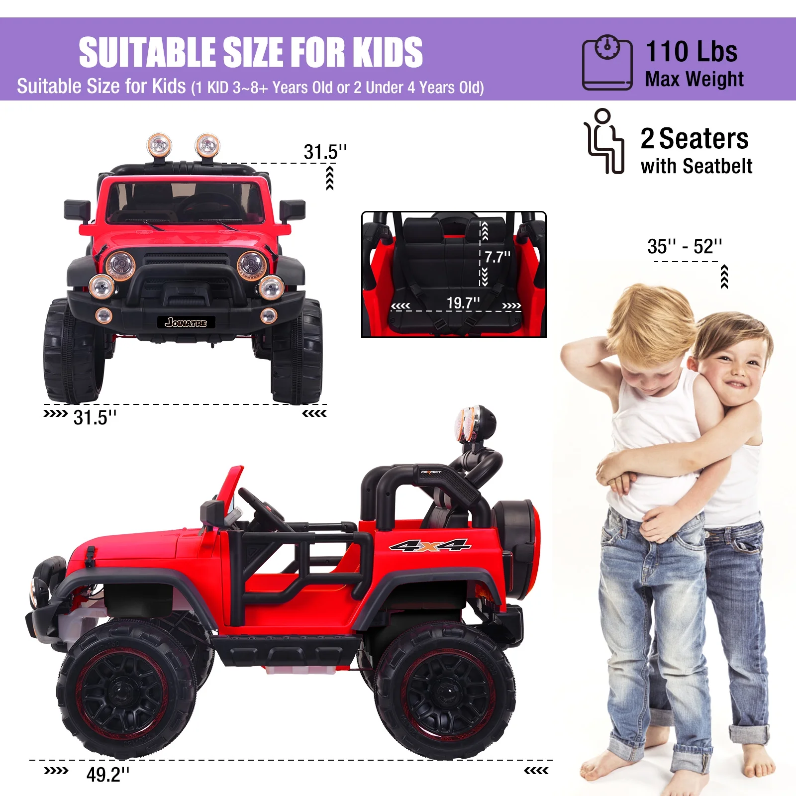 JOINATRE 24V 2 Seater Kids Ride On Truck with Car Cover, 4WD Battery Powered Electric Car with Remote Control, 3 Speed, Soft Braking, LED Lights, Music, Spring Suspension, Red
