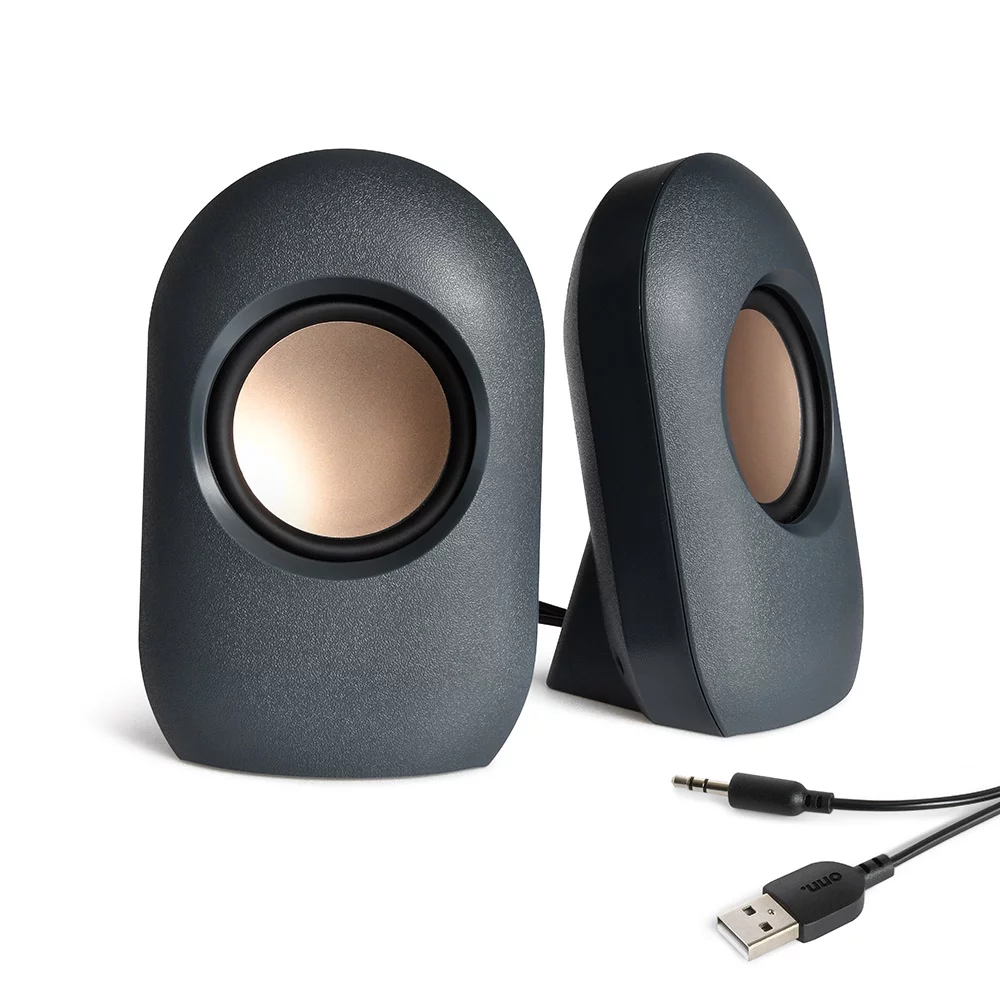 onn. Stereo Speaker with Volume Controls, 3.6 ft 3.5mm Aux with USB Power Cable