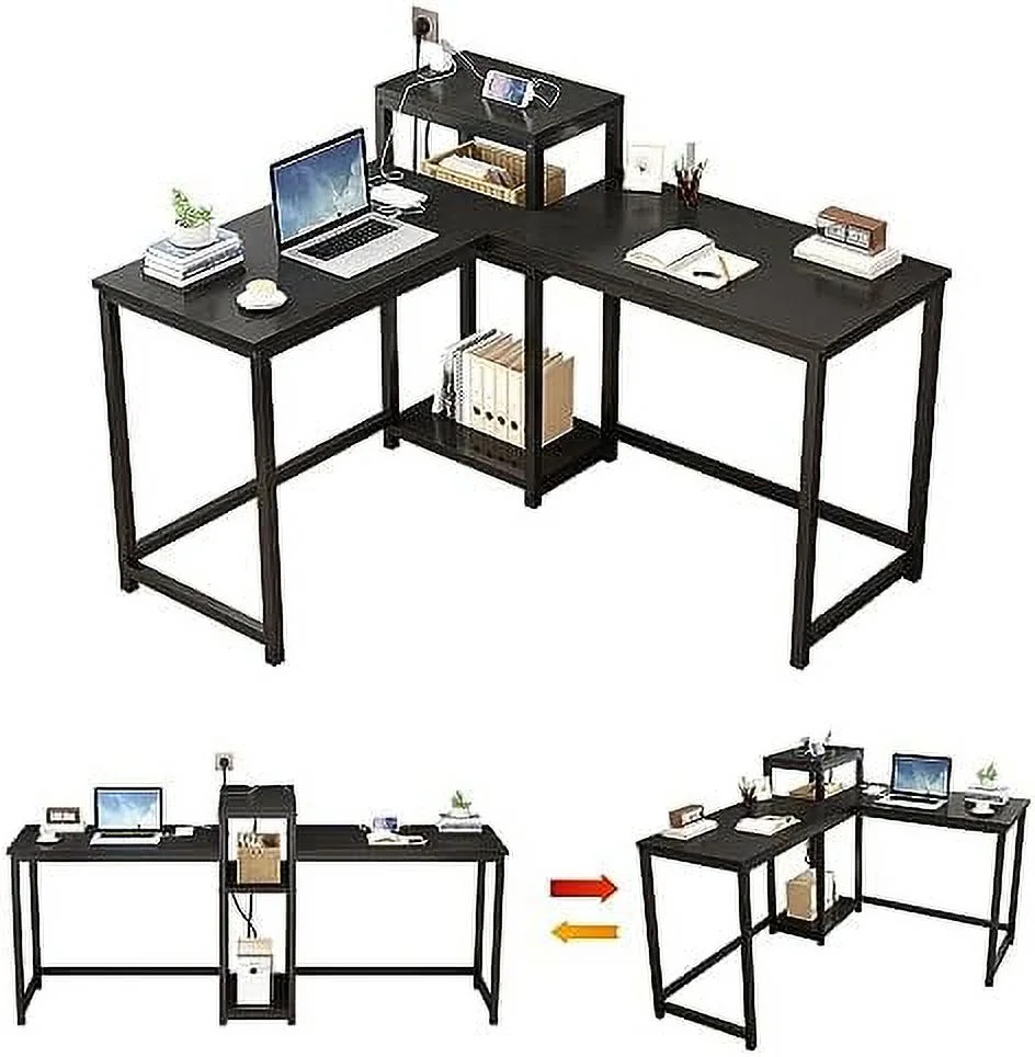 JDZHAPPYLIFE Reversible Computer Desk with Power Outlets & File Cabinet  L Shaped Desk with  Shelves Gaming Desk Corner Desk Home Office Desk for Small Space Study Table Small Desk
