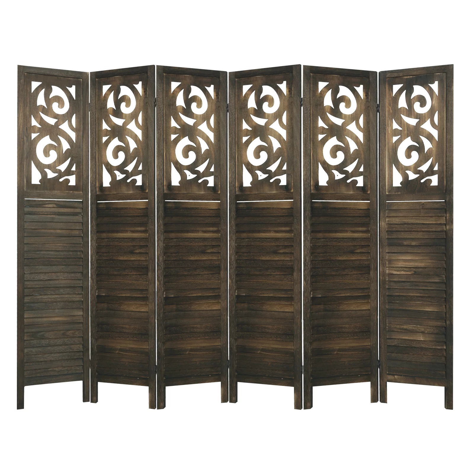 Fionafurn 6 Panel Room Divider, Wooden Freestanding Cutout Louver Design Partition Screen for Office Family, Brown