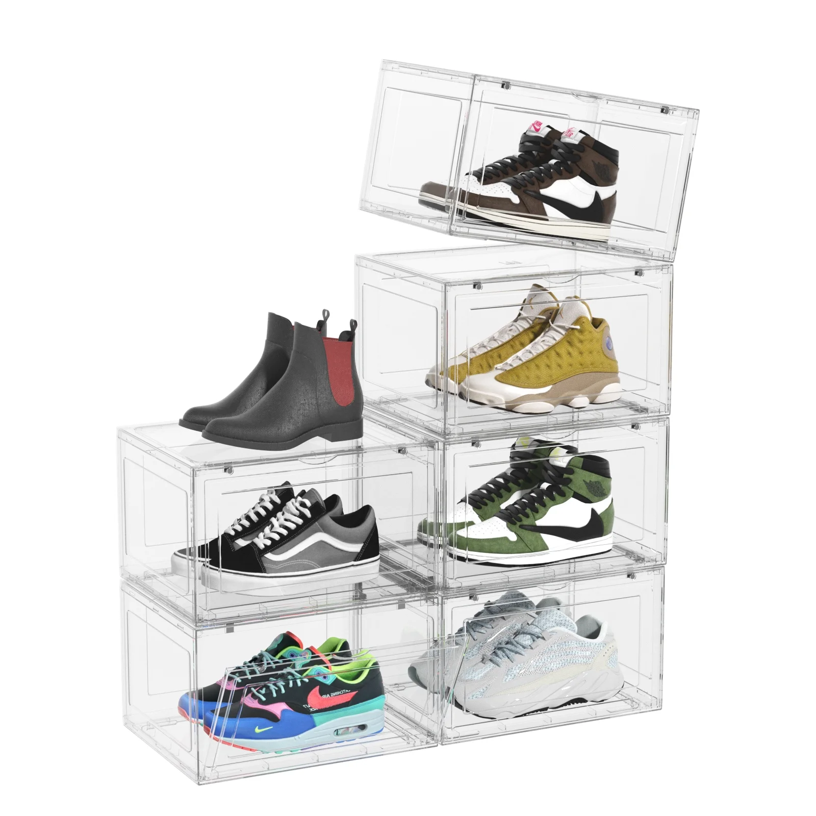 Minekkyes Shoe Storage Box For Sneaker Display, Clear Plastic Stackable Shoe Containers, Drop Front Shoe Organizer with Clear Door, 6 Pack