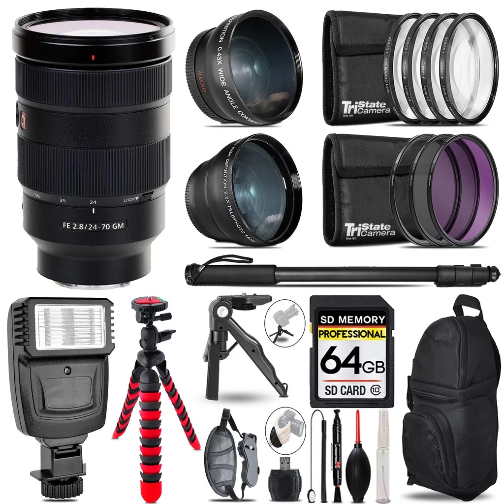 Sony FE 24-70mm f/2.8 GM Lens -3 Lens Kit + Slave Flash + Tripod - 64GB Accessory Bundle