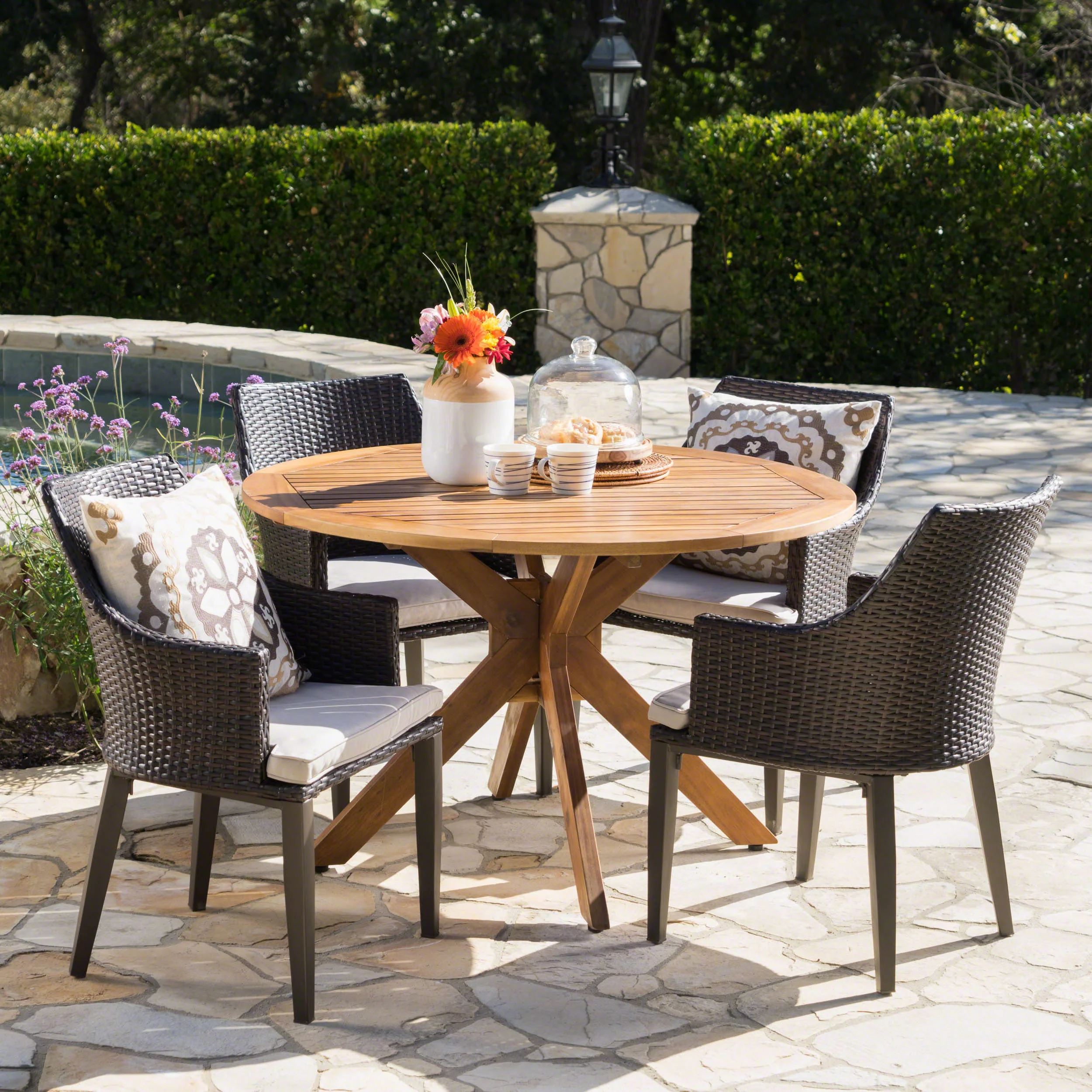 GDF Studio Linsey Outdoor Acacia Wood and Wicker 5 Piece Dining Set with Cushion, Teak and Multibrown