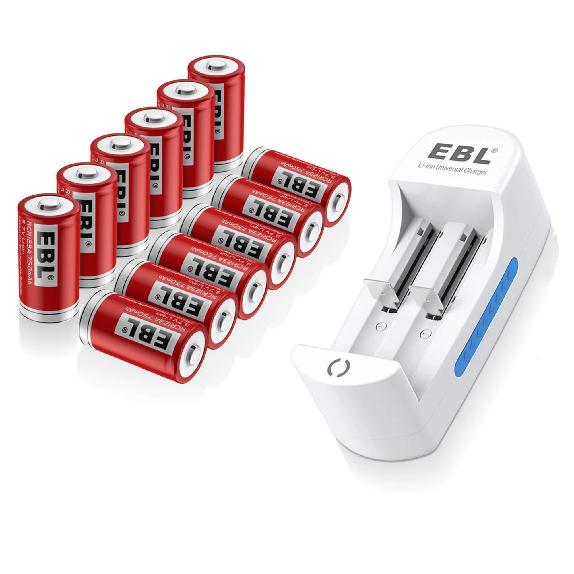 EBL 12-Pack 750mAh 3.7V RCR123A 16340 Battery+ Battery Charger for 14500 16340 10440 18500 Li-ion Rechargeable Batteries