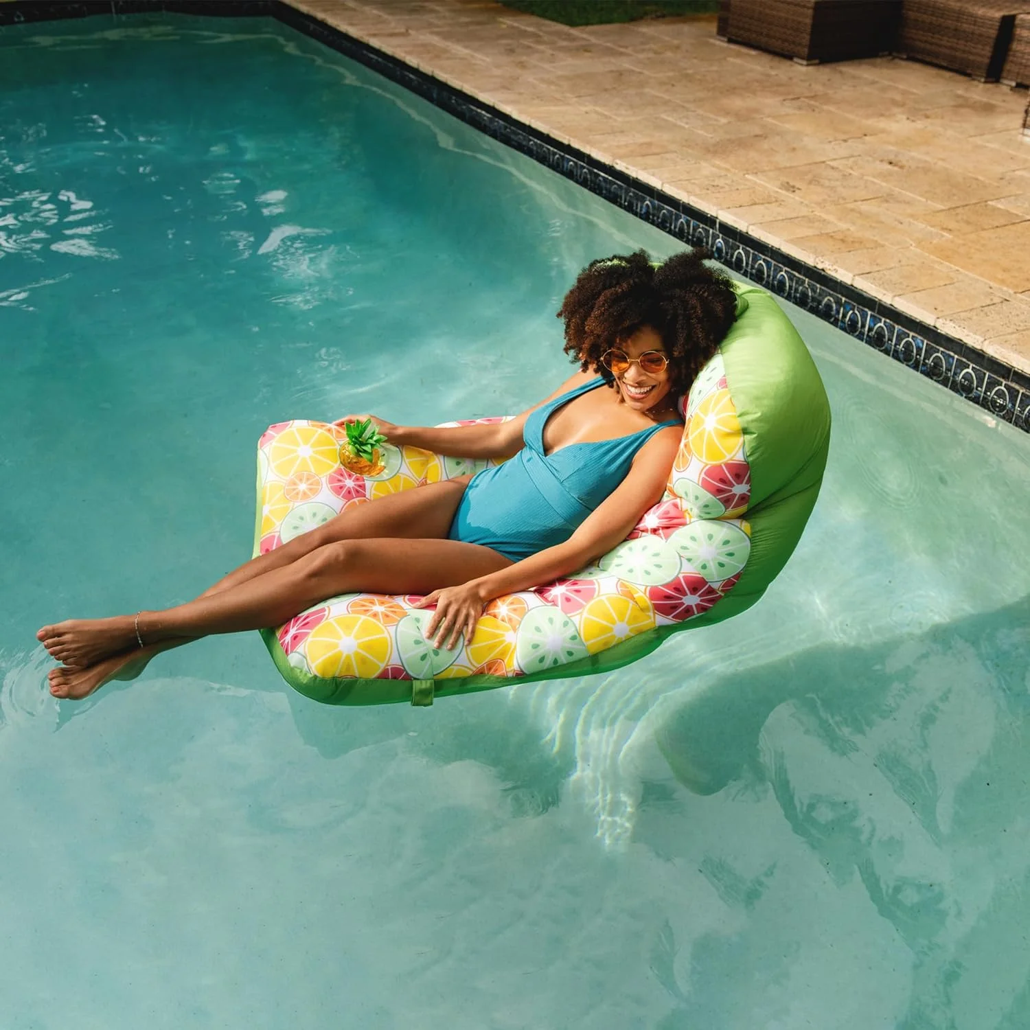 Roma Float No Inflation Needed Pool Float with Drink Holder, Citrus Burst Double Sided Mesh, Quick Draining Fabric, 3 feet