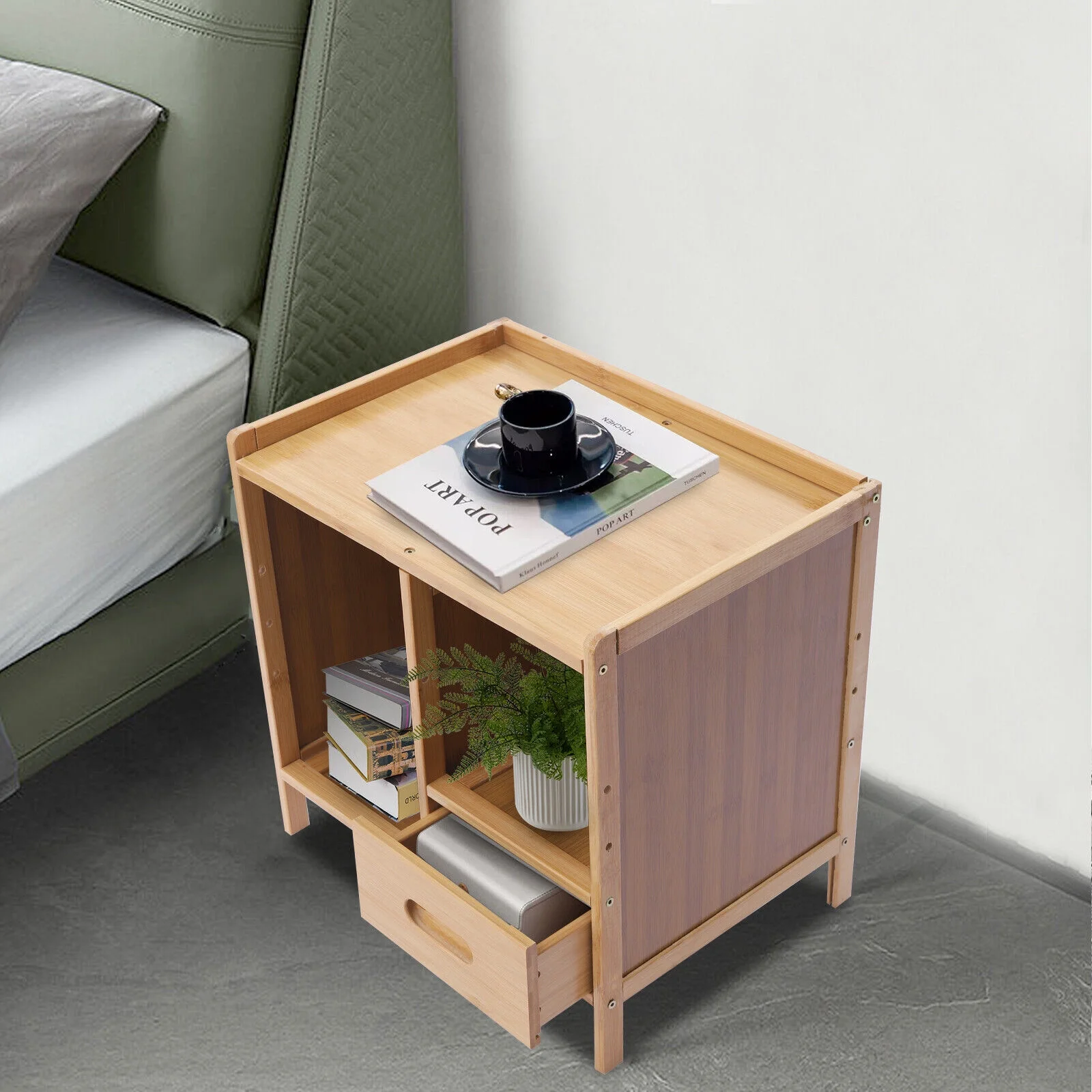 Morden Bamboo Nightstand Storage End Table Bedroom Side Bedside Table w/Drawer