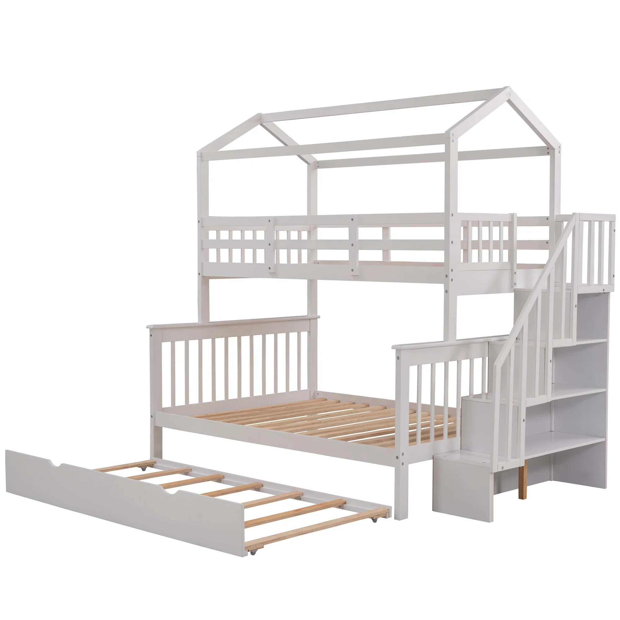 EUROCO Twin over Full House Bunk Bed with Trundle and Staircase, White